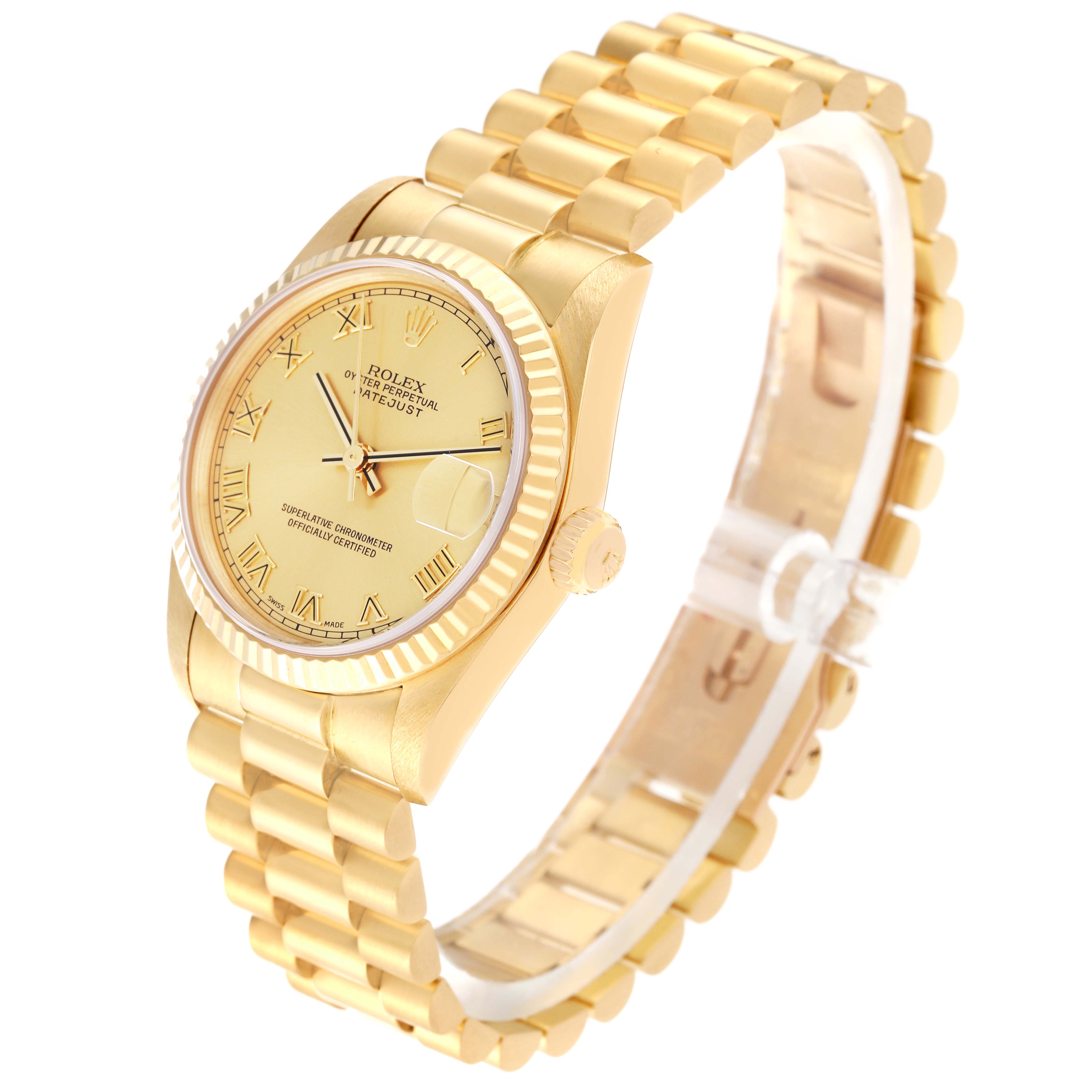The image shows a Rolex President 68278 Women
s Yellow Gold Champagne Dial 68278 Women
s Yellow Gold Champagne Dial model watch at an angle highlighting the face, band, and crown.