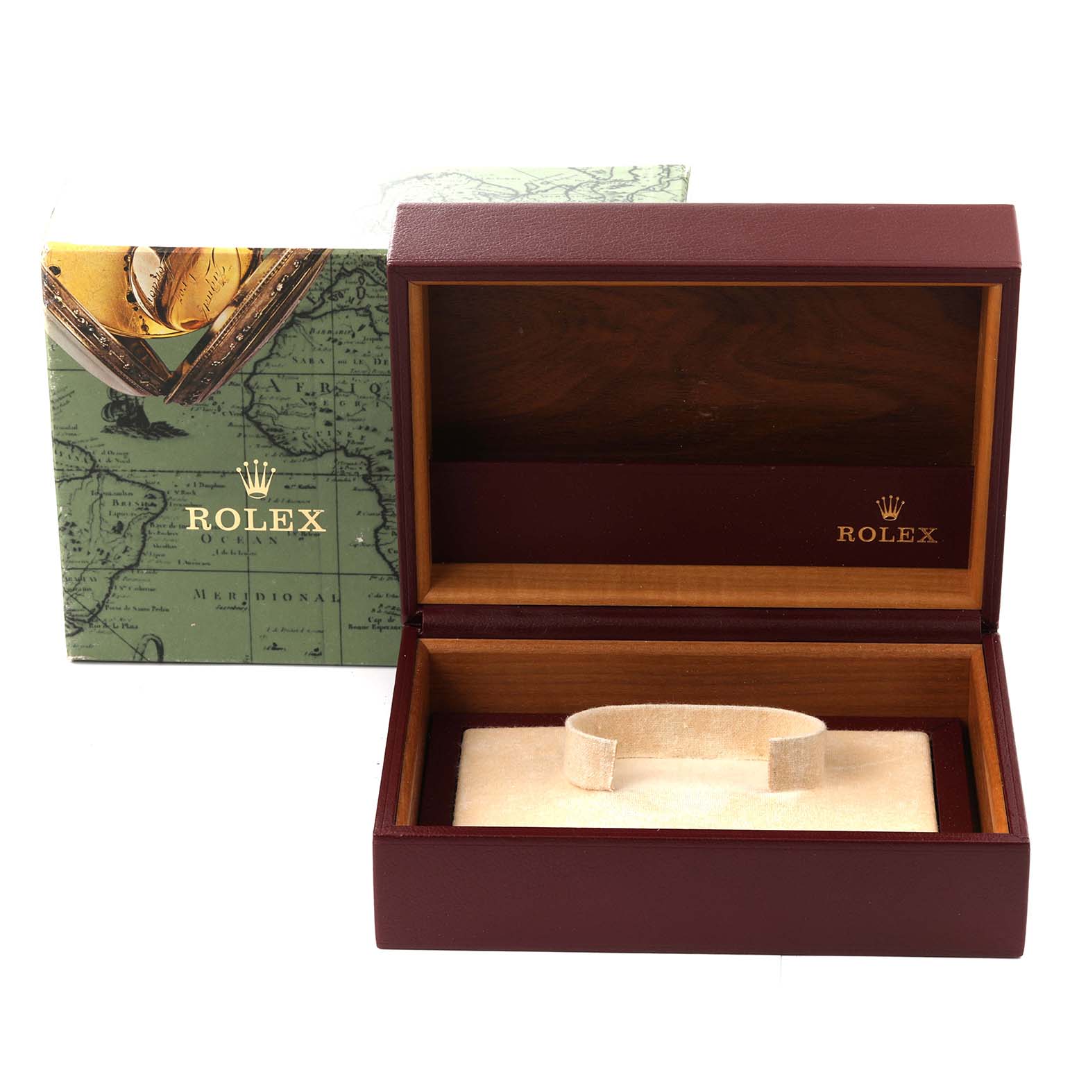 This image shows the open box and outer packaging for a Rolex President 68278 Women
s Yellow Gold Champagne Dial 68278 Women
s Yellow Gold Champagne Dial model watch, with an angle focusing on the inside.