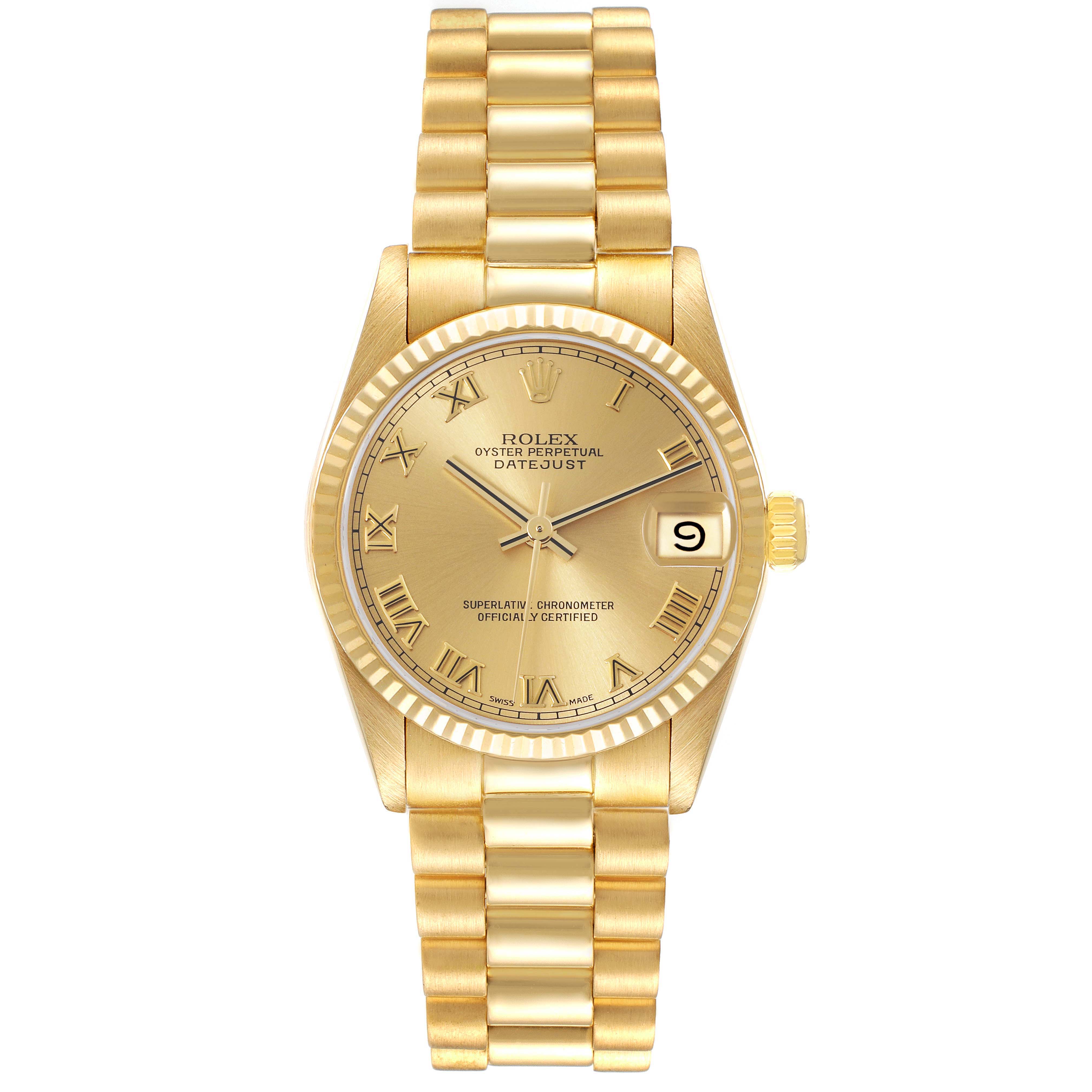 This image shows a frontal view of a Rolex President 68278 Women
s Yellow Gold Champagne Dial 68278 Women
s Yellow Gold Champagne Dial Datejust watch, highlighting the dial, bezel, and band.
