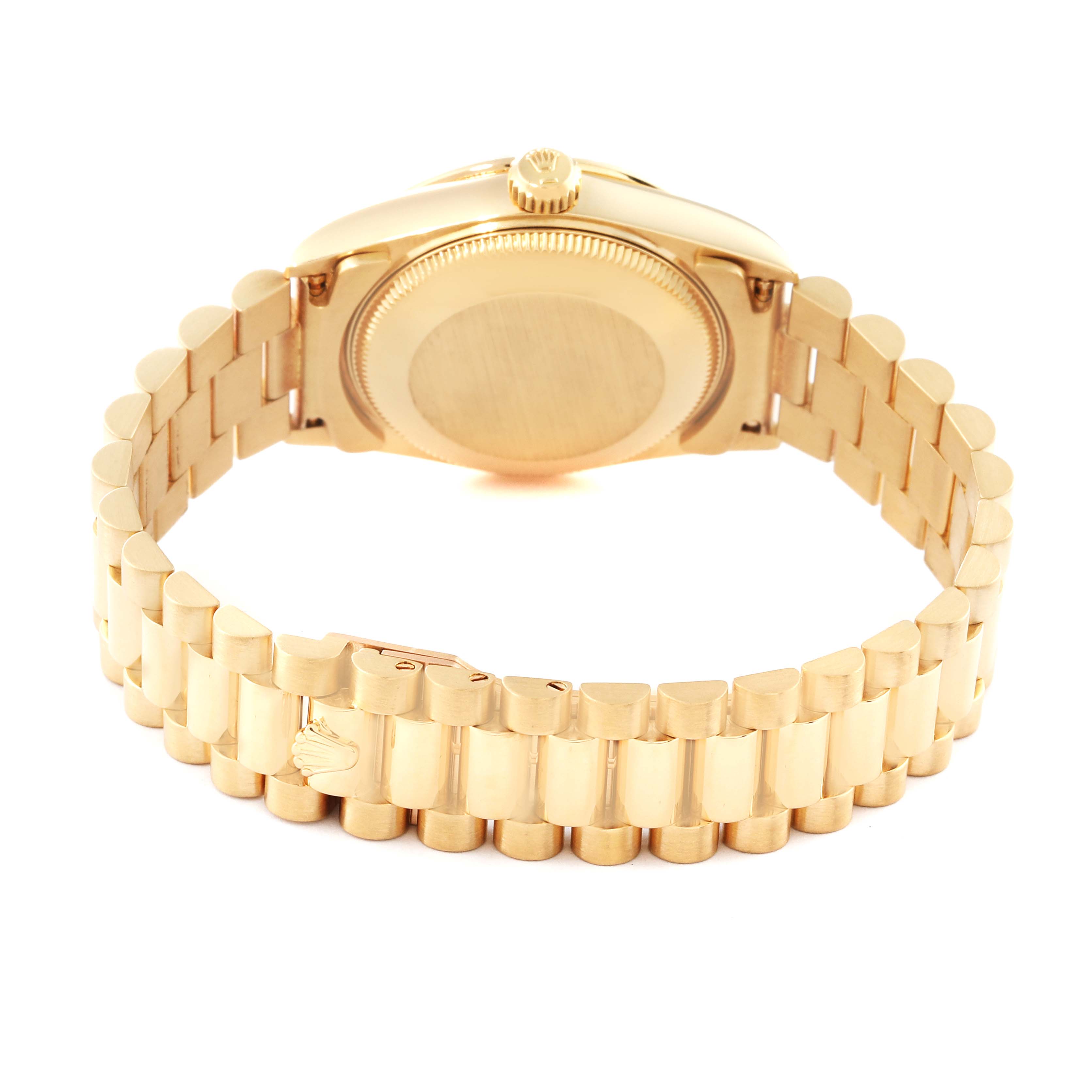 The image shows the back view of the Rolex President 68258 Women's Yellow Gold Champagne Dial 68258 Women's Yellow Gold Champagne Dial model watch, highlighting the case back and bracelet.