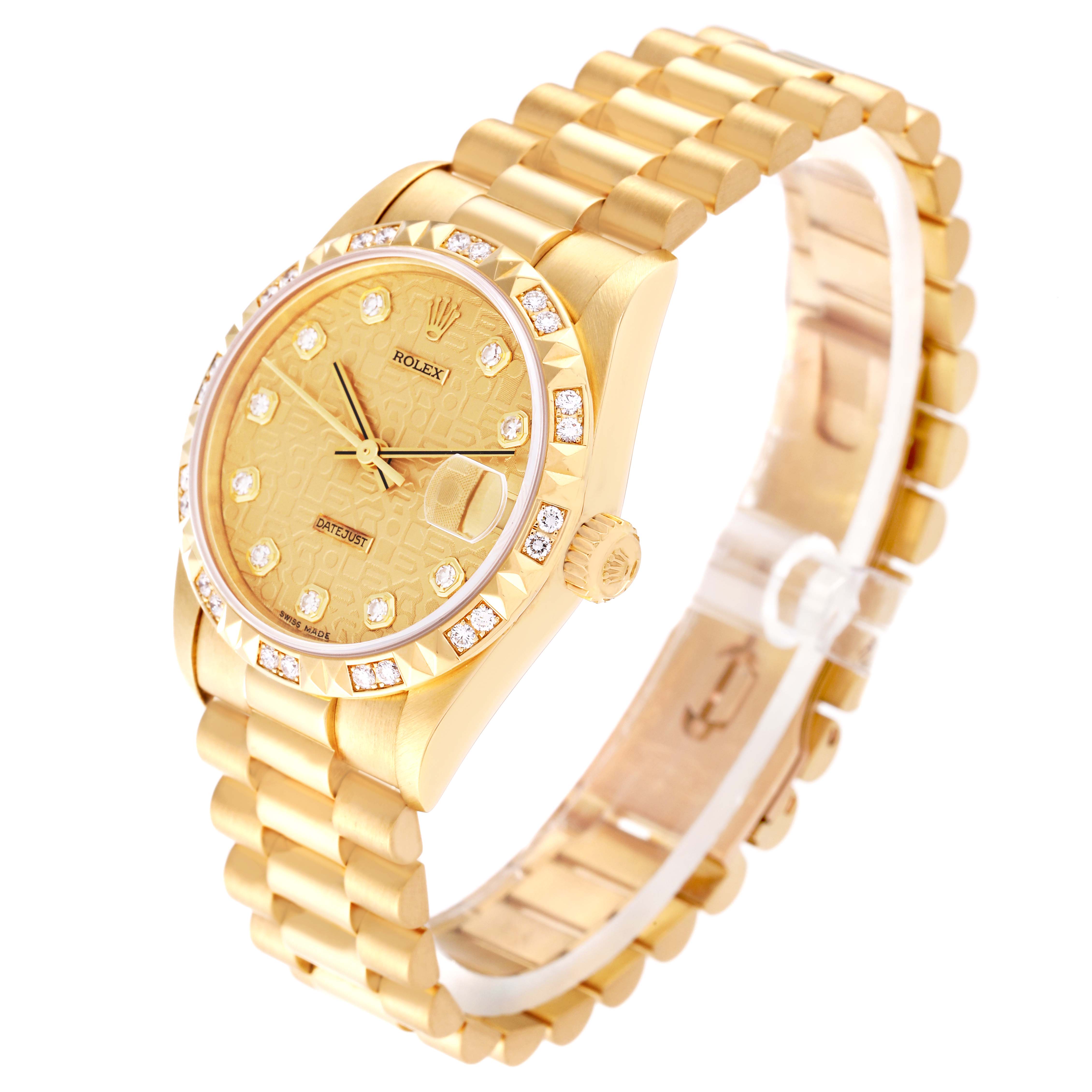 The image shows a Rolex President 68258 Women's Yellow Gold Champagne Dial 68258 Women's Yellow Gold Champagne Dial model watch at an oblique angle, highlighting its gold bezel, dial, and bracelet.
