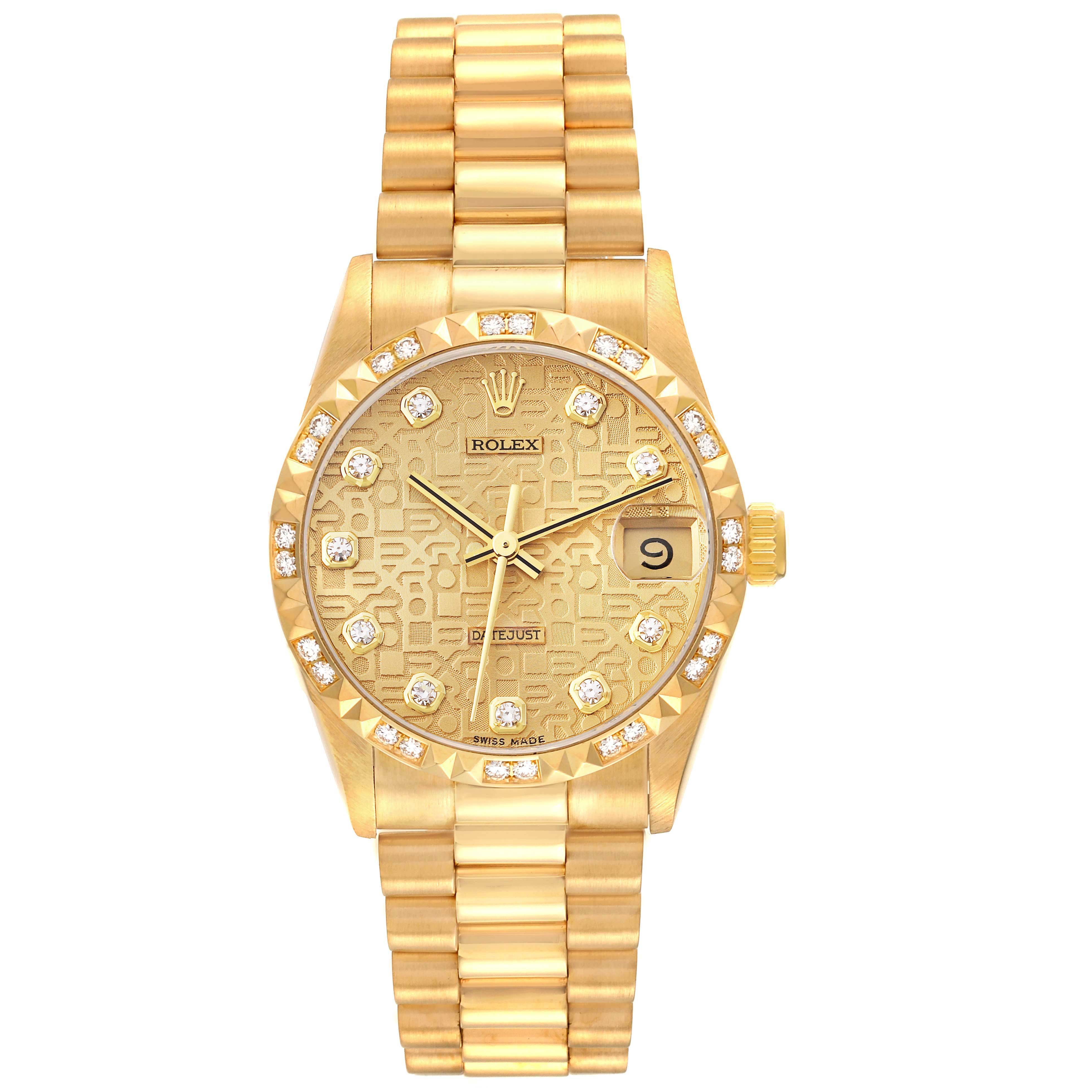 The image shows a front view of the Rolex President 68258 Women's Yellow Gold Champagne Dial 68258 Women's Yellow Gold Champagne Dial model watch, featuring its gold case, diamond-studded bezel, and bracelet.