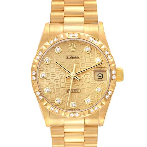 The image shows the front face and bracelet of a gold Rolex President model watch, featuring a diamond-studded bezel and markers.