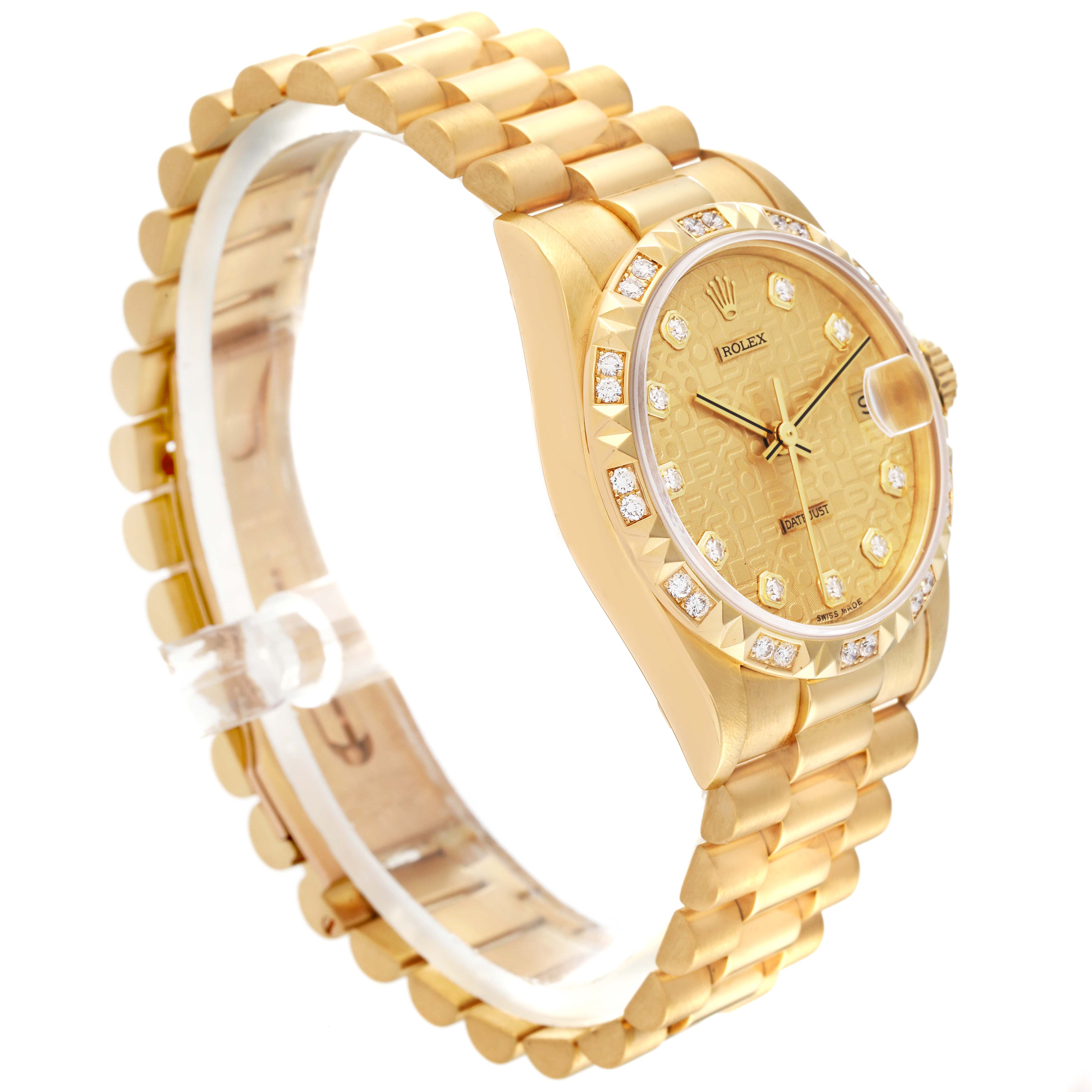 The image shows a gold Rolex President 68258 Women's Yellow Gold Champagne Dial 68258 Women's Yellow Gold Champagne Dial model watch at an angle highlighting the bracelet, case, and diamond-studded bezel.