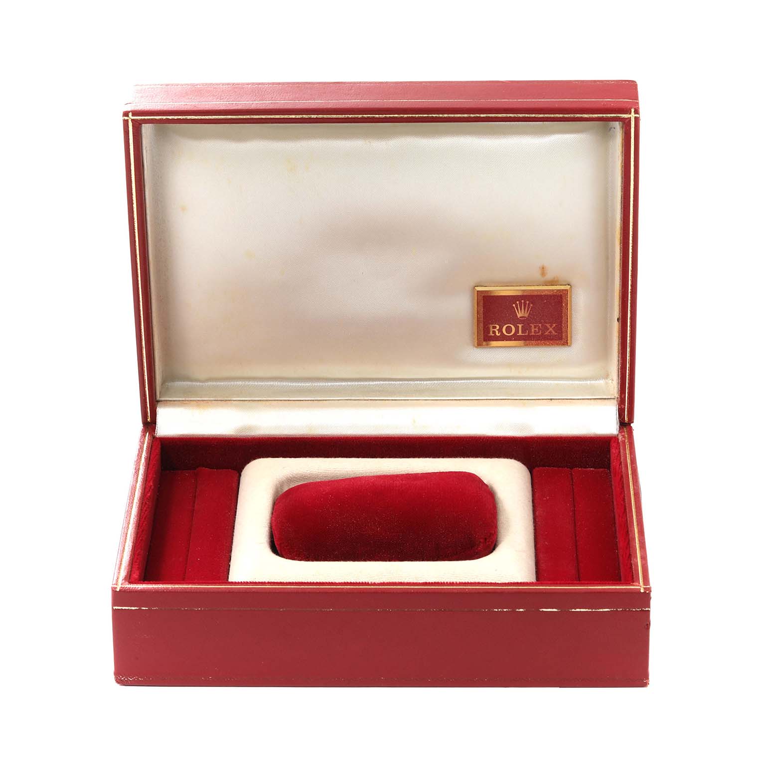 The image shows an empty red Rolex watch box for the President model, viewed from the front with the lid open.