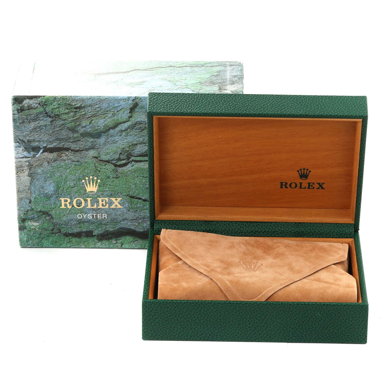 The image shows the opened green Rolex box with wooden interior, a Rolex-branded suede pouch inside, and the outer packaging.