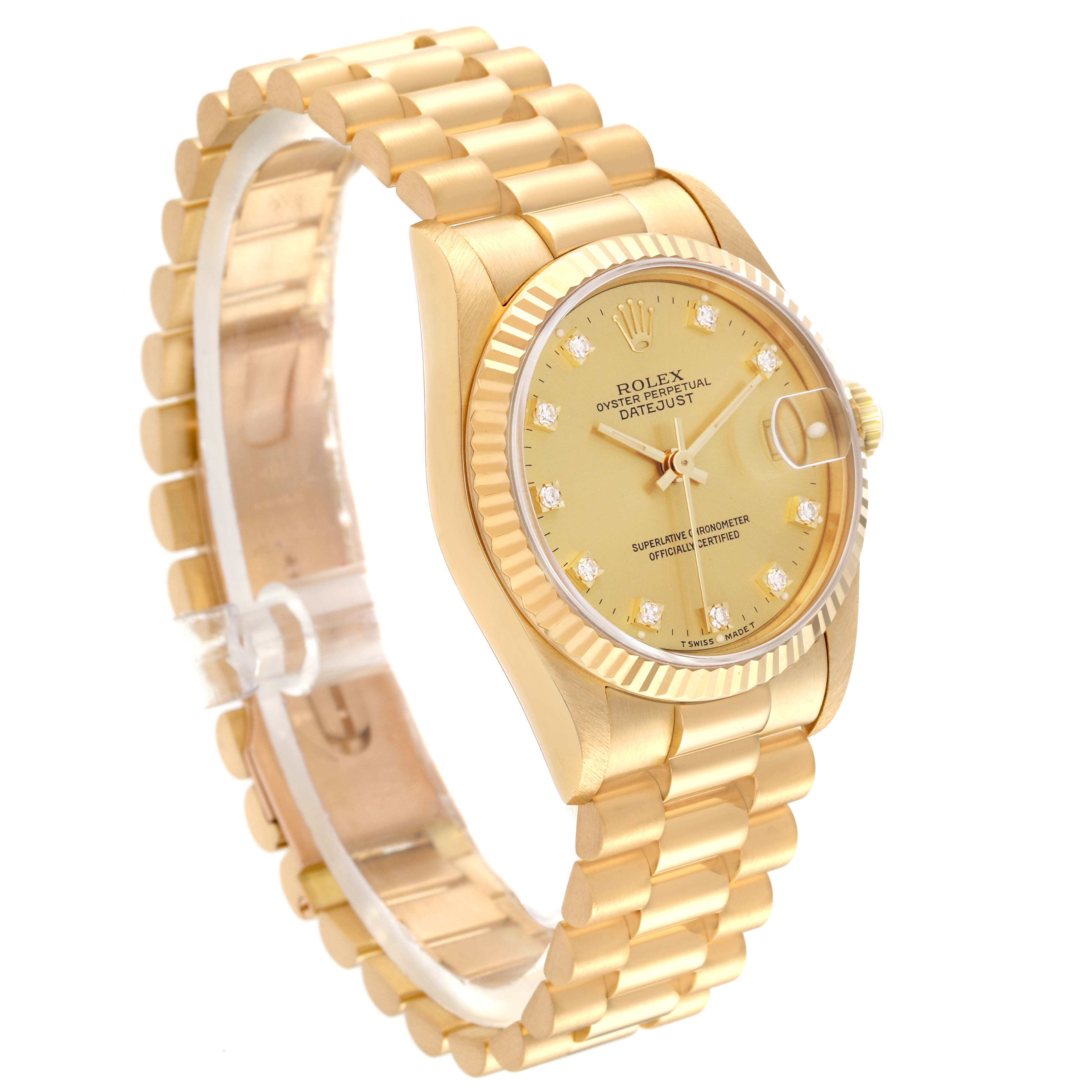 This image shows a President model Rolex watch from a side angle, highlighting its gold bracelet and dial.