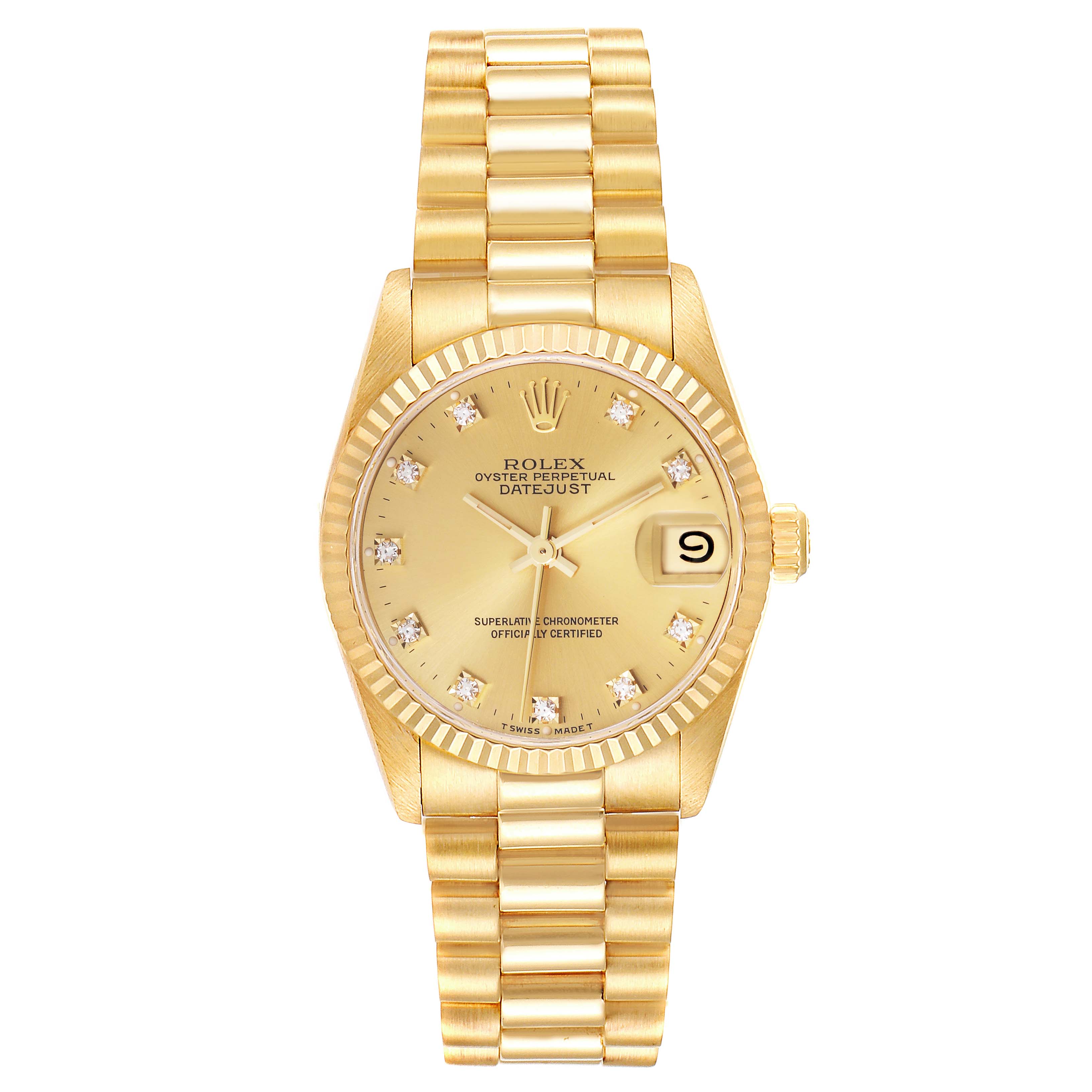 This Rolex President 68278 Women's Yellow Gold Champagne Dial 68278 Women's Yellow Gold Champagne Dial Datejust model is shown from a front angle, displaying its dial, bracelet, and date window.