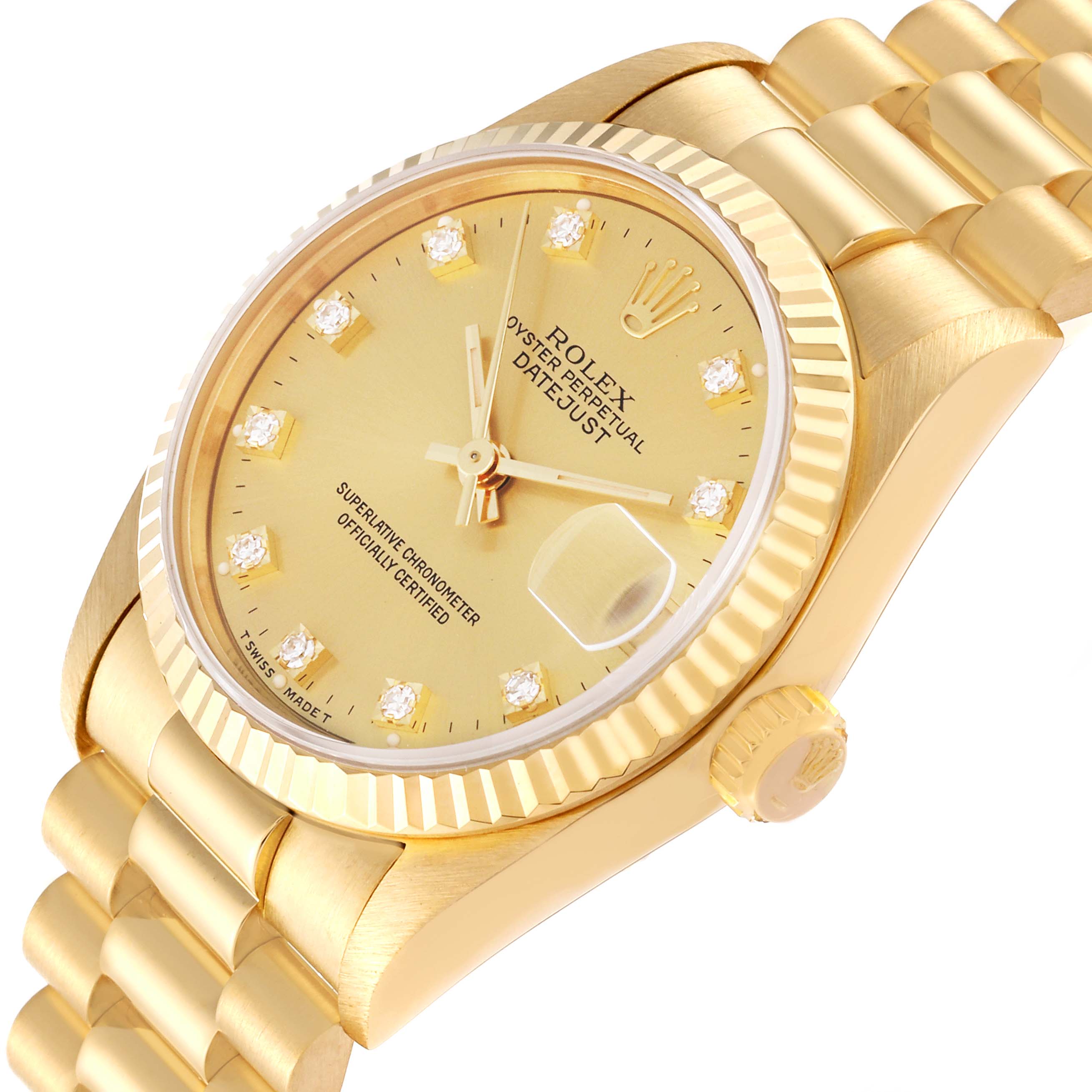 The image shows the President model Rolex watch at an angle that highlights the gold case, fluted bezel, dial, crown, and bracelet.