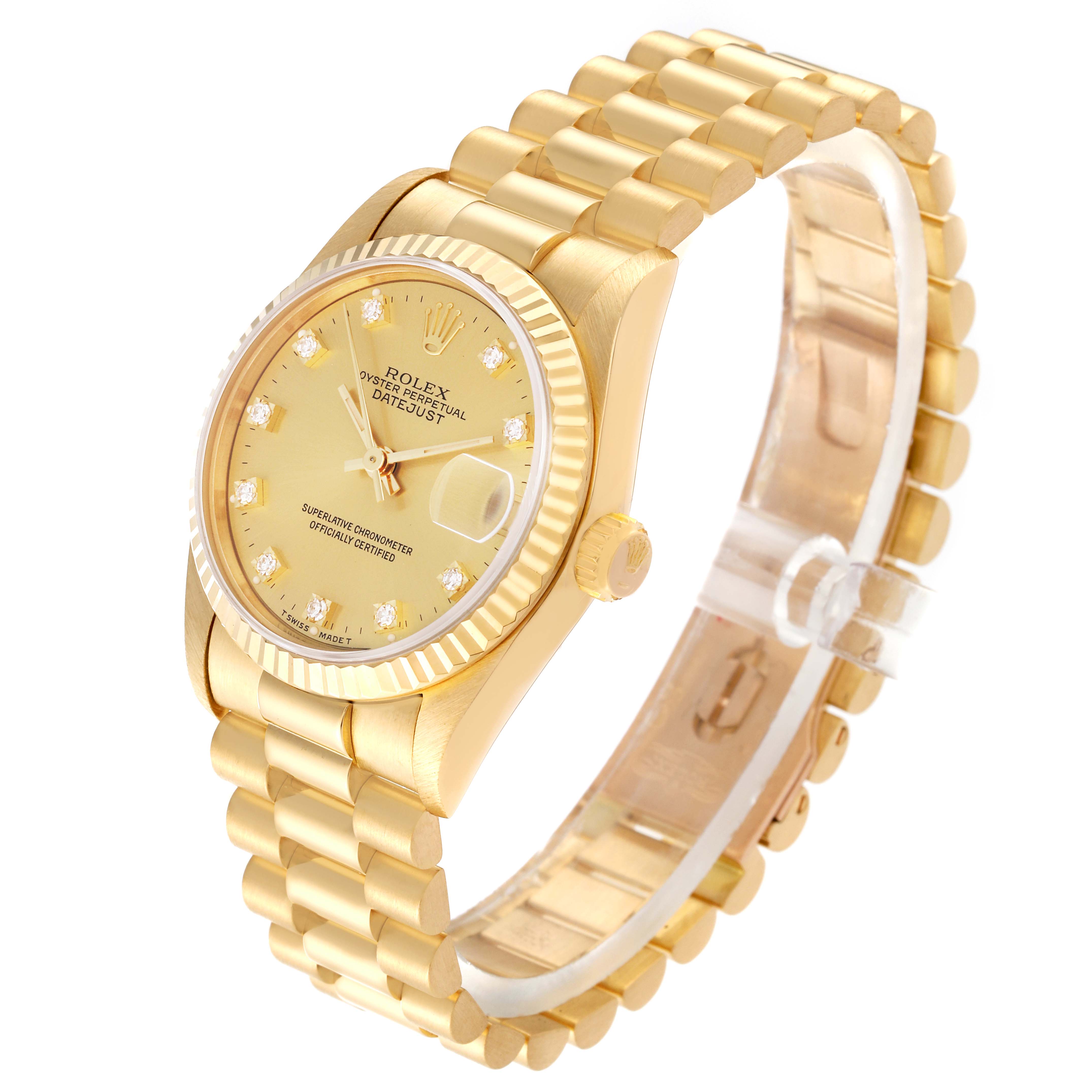 The image shows a side angle of a Rolex President 68278 Women's Yellow Gold Champagne Dial 68278 Women's Yellow Gold Champagne Dial model, displaying the watch face, bracelet, crown, and clasp.