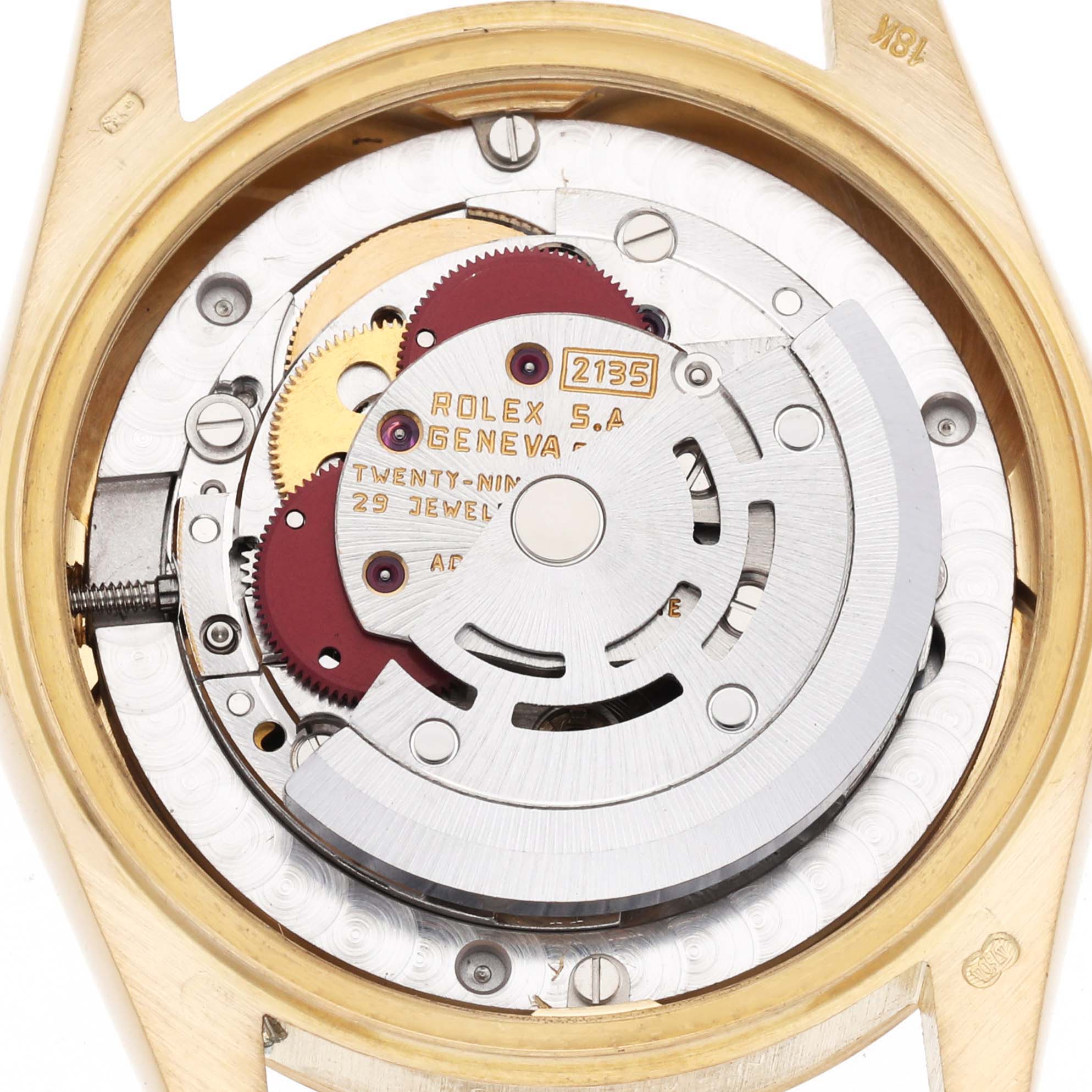 The image shows the inner mechanism of a Rolex President 68278 Women's Yellow Gold Champagne Dial 68278 Women's Yellow Gold Champagne Dial watch, revealing the movement and components.