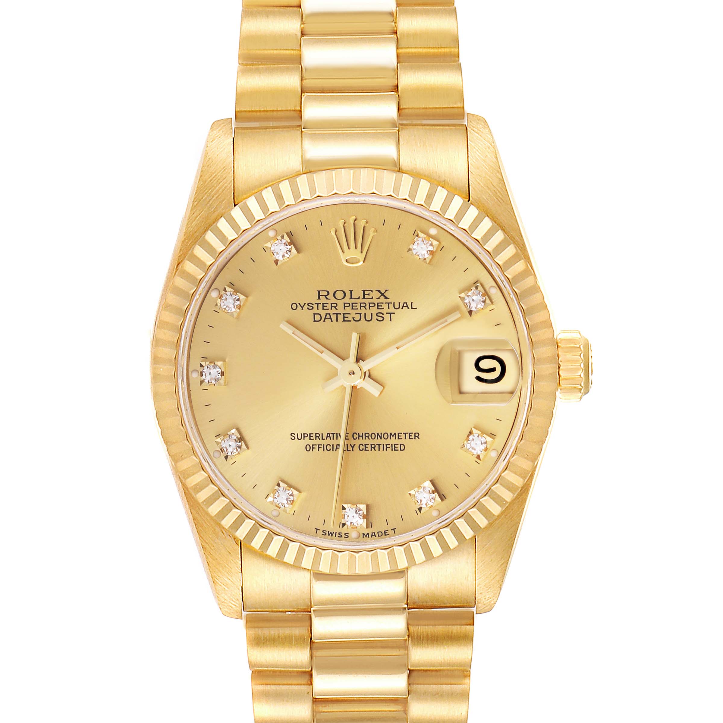 This image shows a front view of a gold Rolex President 68278 Women's Yellow Gold Champagne Dial 68278 Women's Yellow Gold Champagne Dial Datejust watch, displaying the dial, bezel, and bracelet.