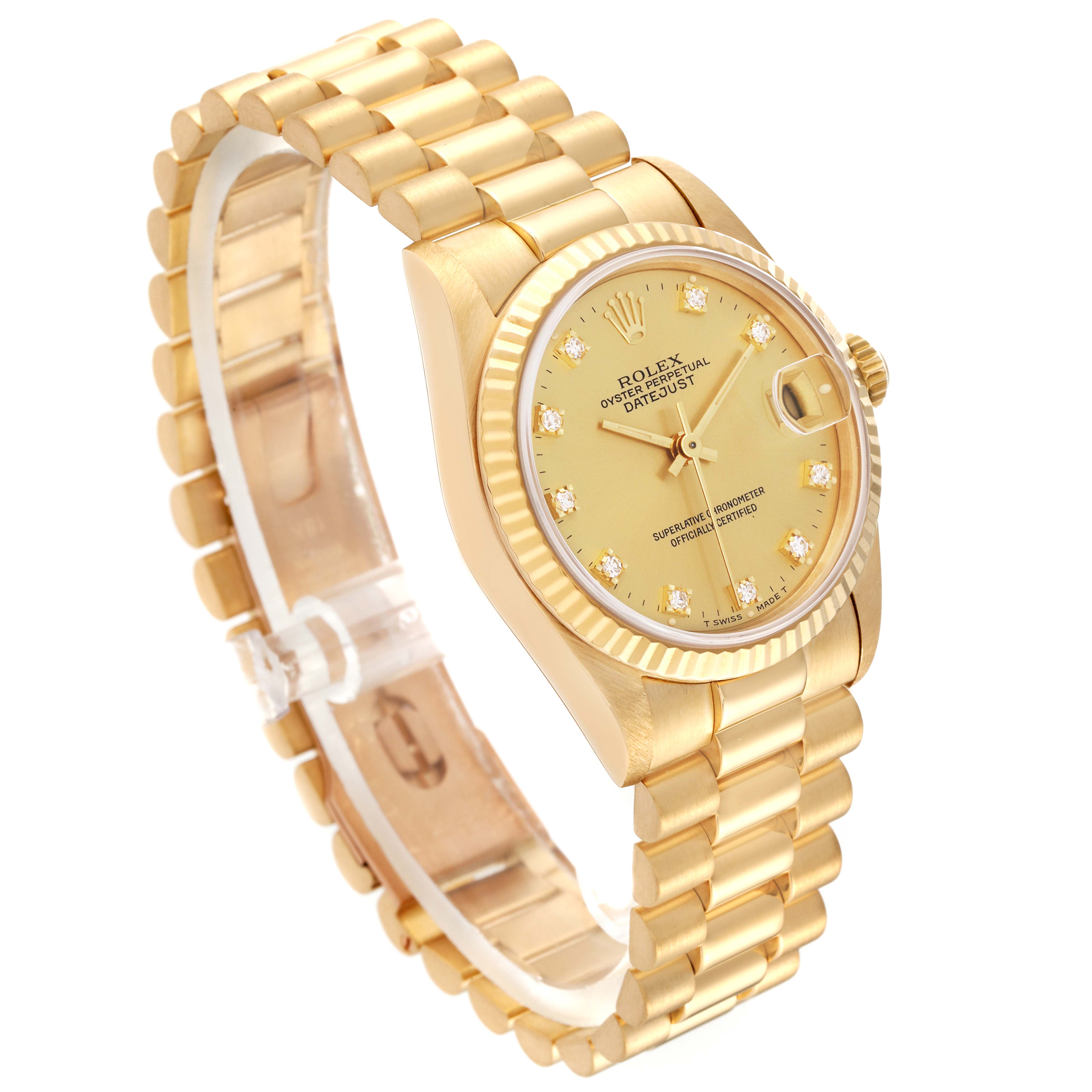 This image shows the Rolex President 68278 Women's Yellow Gold Champagne Dial 68278 Women's Yellow Gold Champagne Dial model watch from an angled view, highlighting the face, bracelet, and crown.