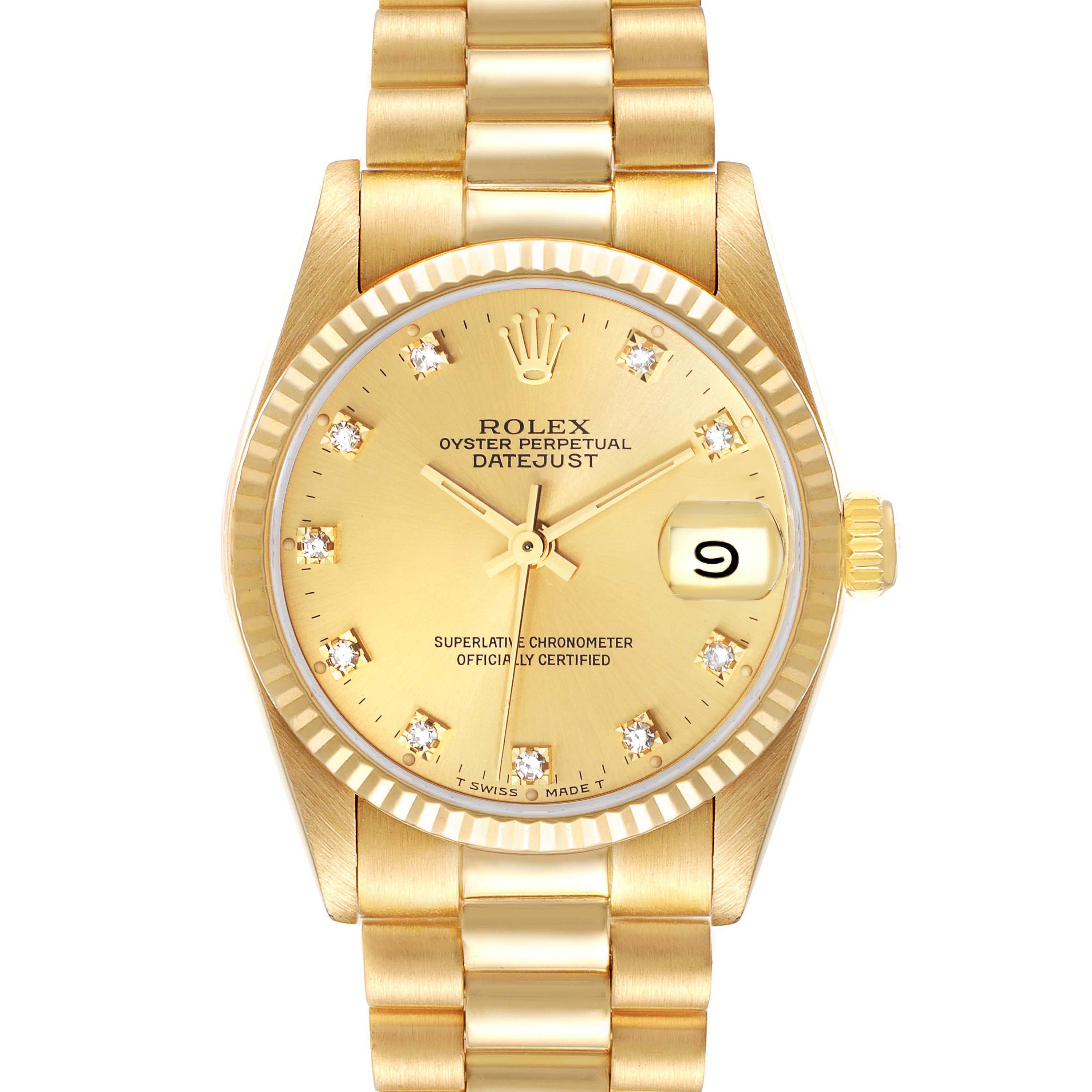 The Rolex President 68278 Women's Yellow Gold Champagne Dial 68278 Women's Yellow Gold Champagne Dial model watch is shown from the front, displaying its gold face, diamond hour markers, date window, and gold bracelet.