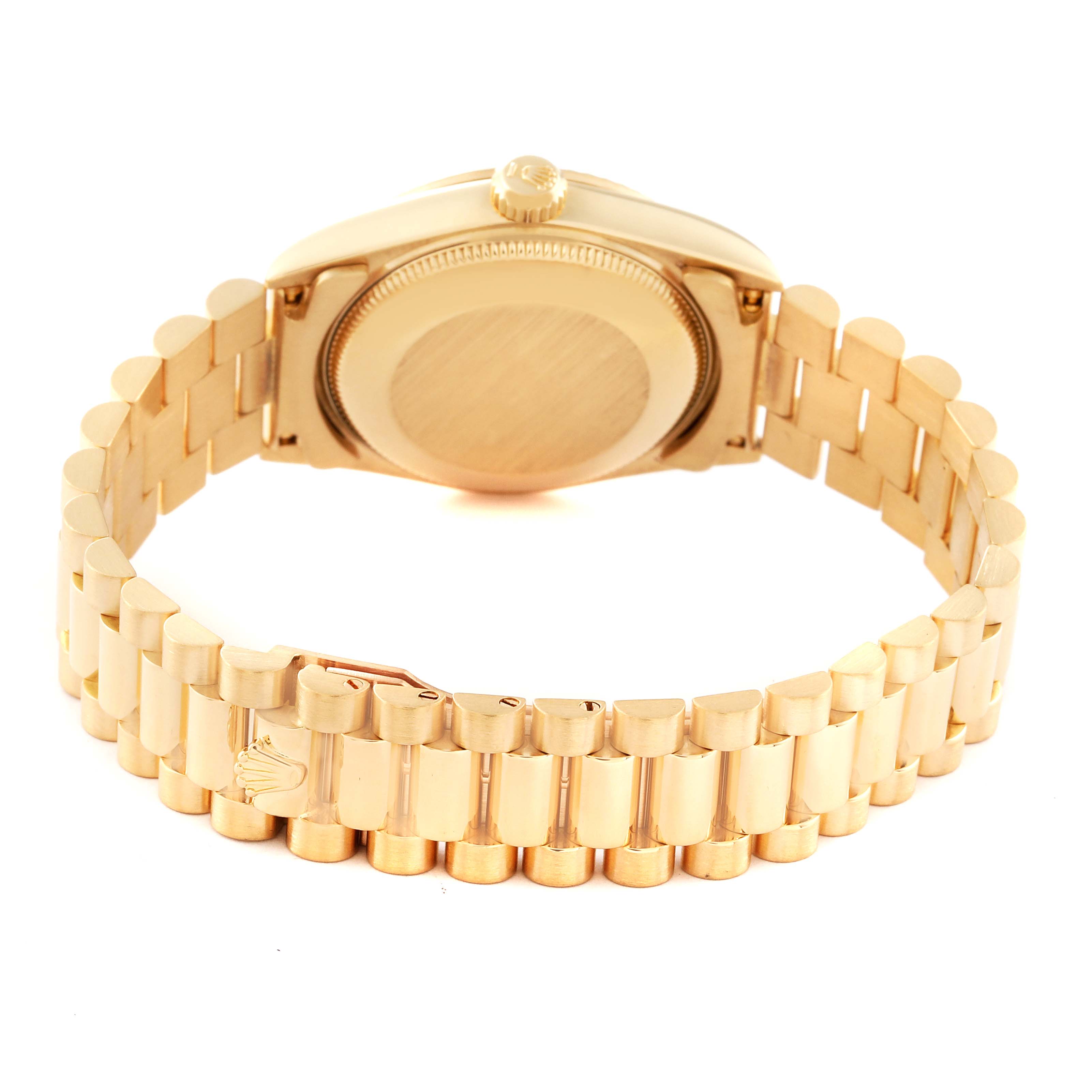 This image shows the back case and bracelet of a Rolex President 68278 Women's Yellow Gold Champagne Dial 68278 Women's Yellow Gold Champagne Dial model watch from a rear angle.