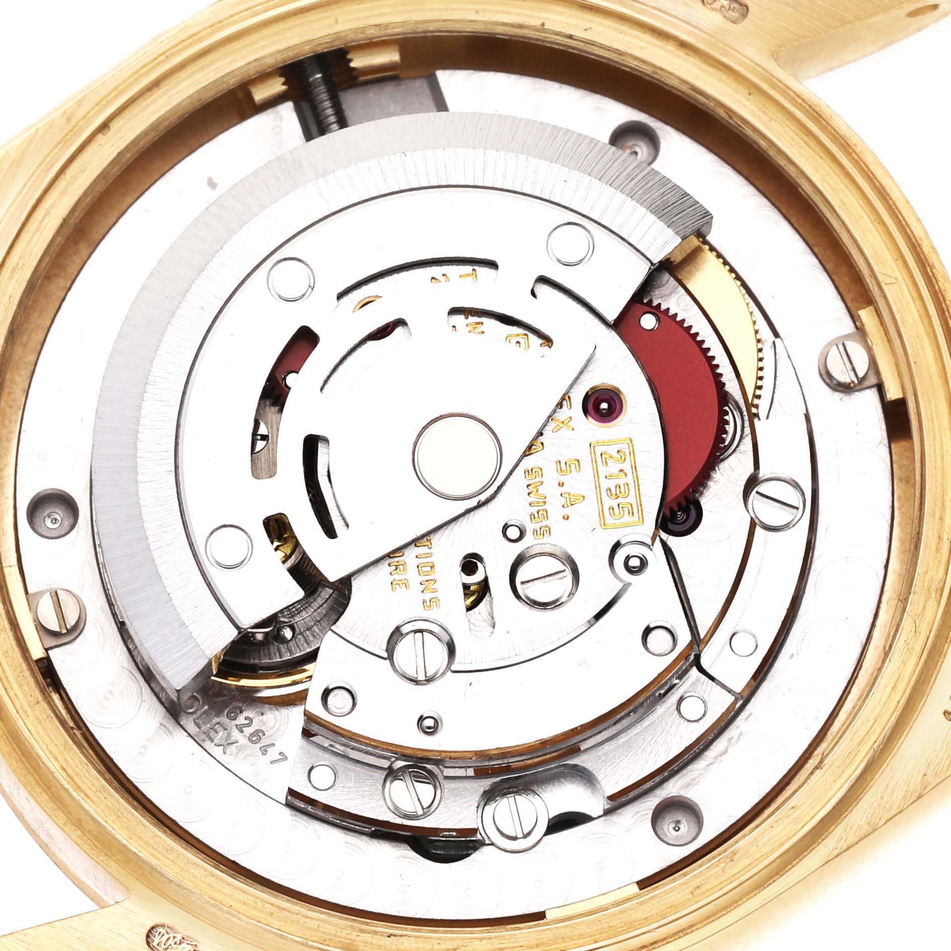 This image shows the internal movement mechanism of a Rolex President 68278 Women's Yellow Gold Champagne Dial 68278 Women's Yellow Gold Champagne Dial model watch from a close-up top-down angle.