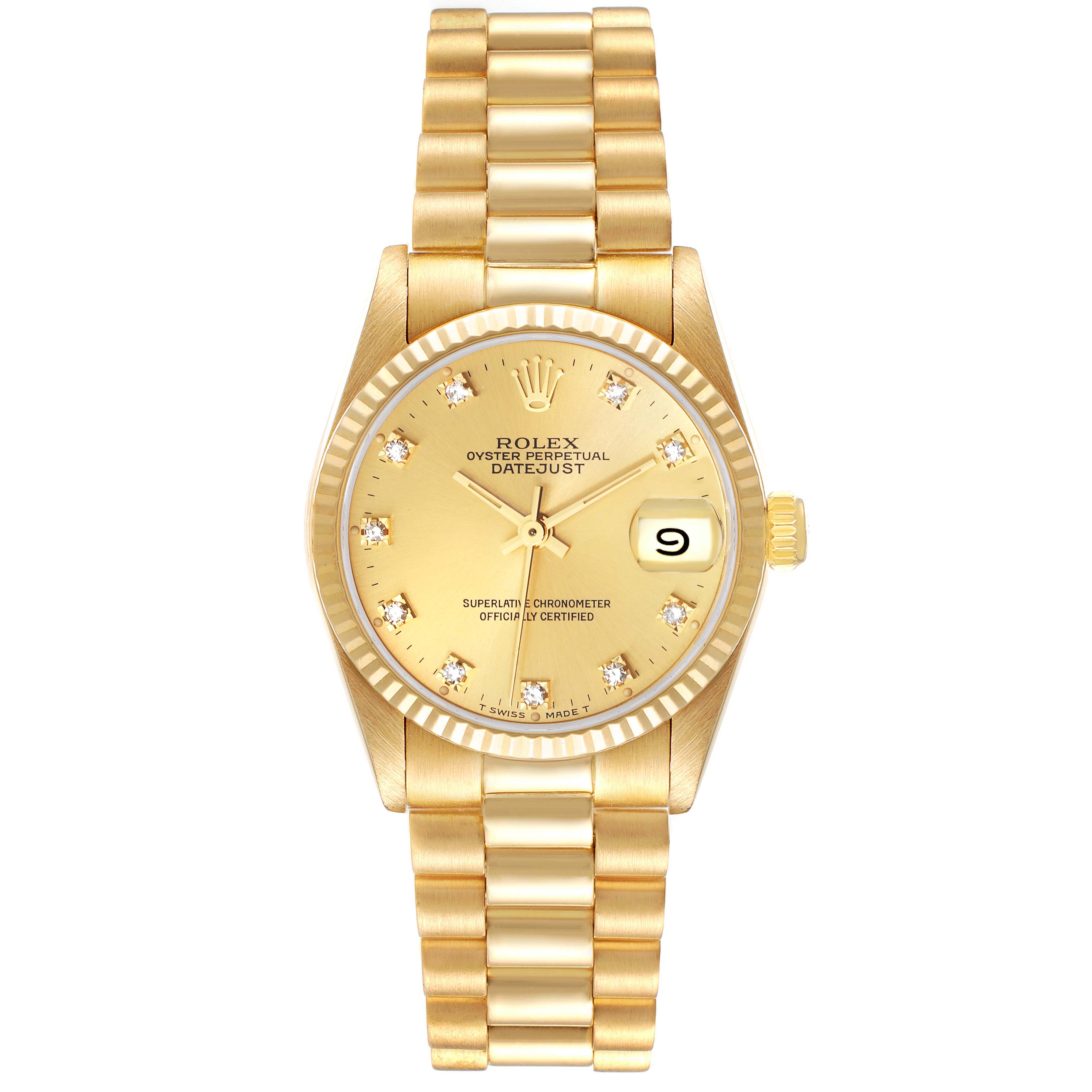 The Rolex President 68278 Women's Yellow Gold Champagne Dial 68278 Women's Yellow Gold Champagne Dial model watch is shown from the front angle, displaying the dial, bracelet, and date feature.