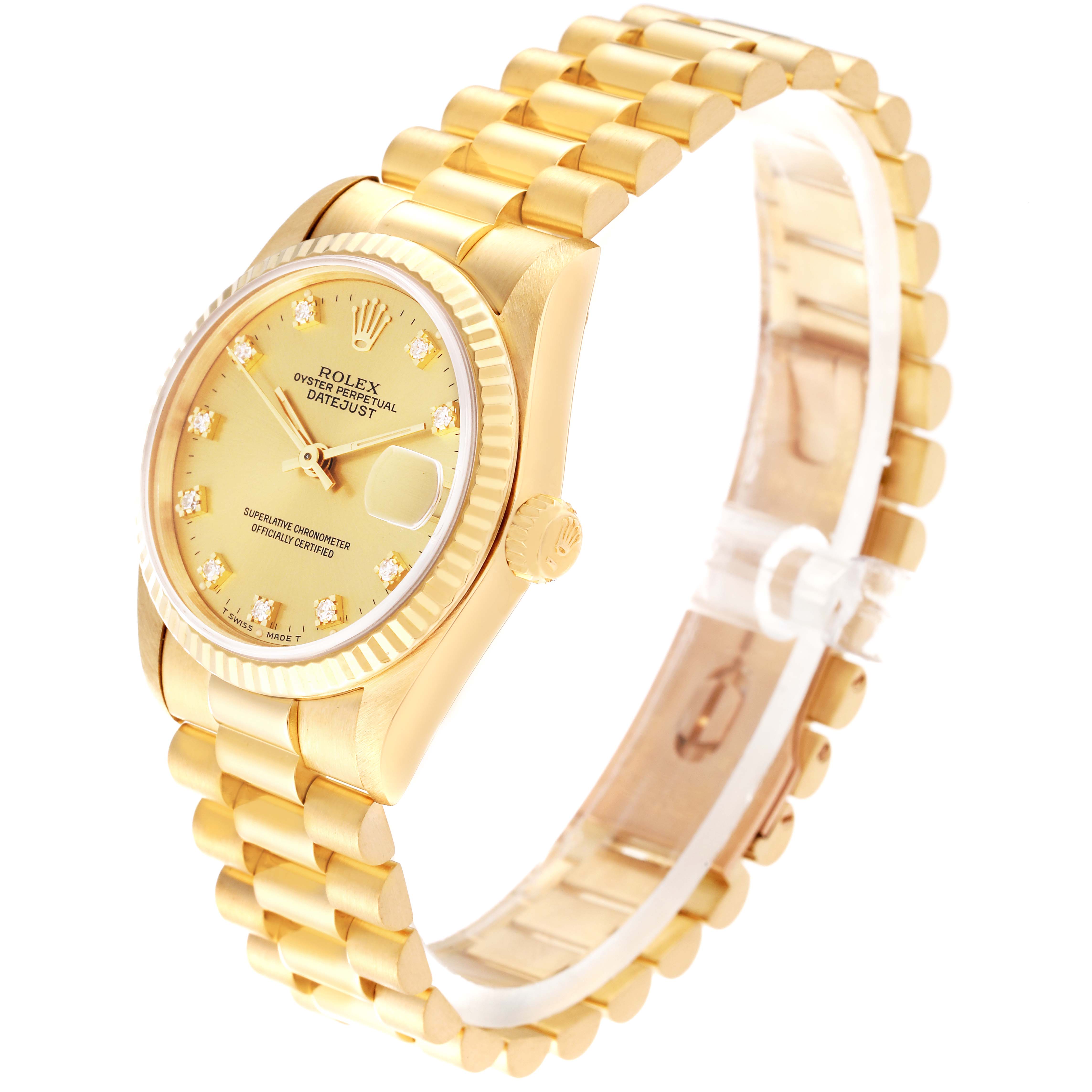 This image shows a side angle of a gold Rolex President 68278 Women's Yellow Gold Champagne Dial 68278 Women's Yellow Gold Champagne Dial model watch, highlighting its bracelet, crown, and dial.