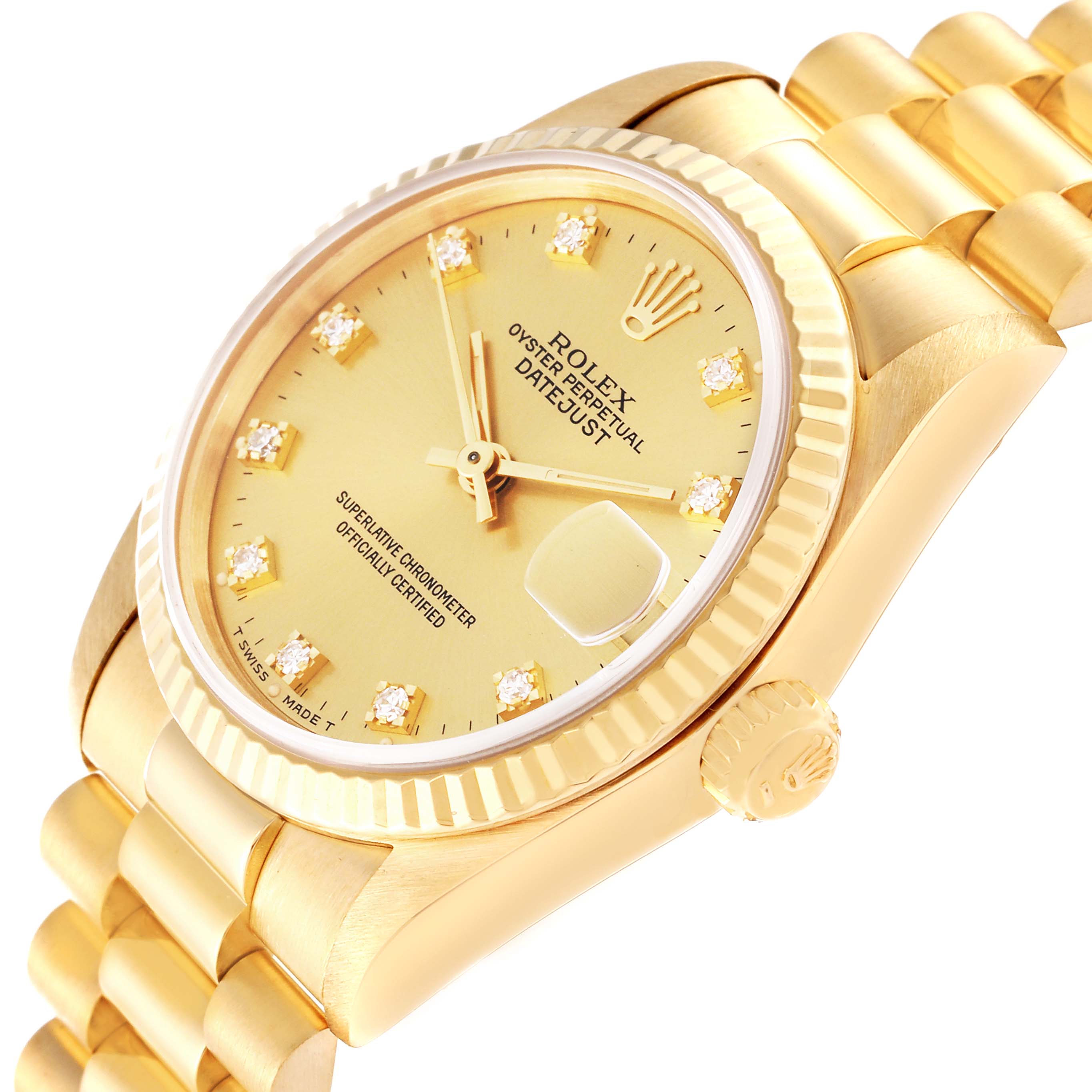 The Rolex President 68278 Women's Yellow Gold Champagne Dial 68278 Women's Yellow Gold Champagne Dial model watch is shown from a slight angle, highlighting the dial, bezel, and bracelet.