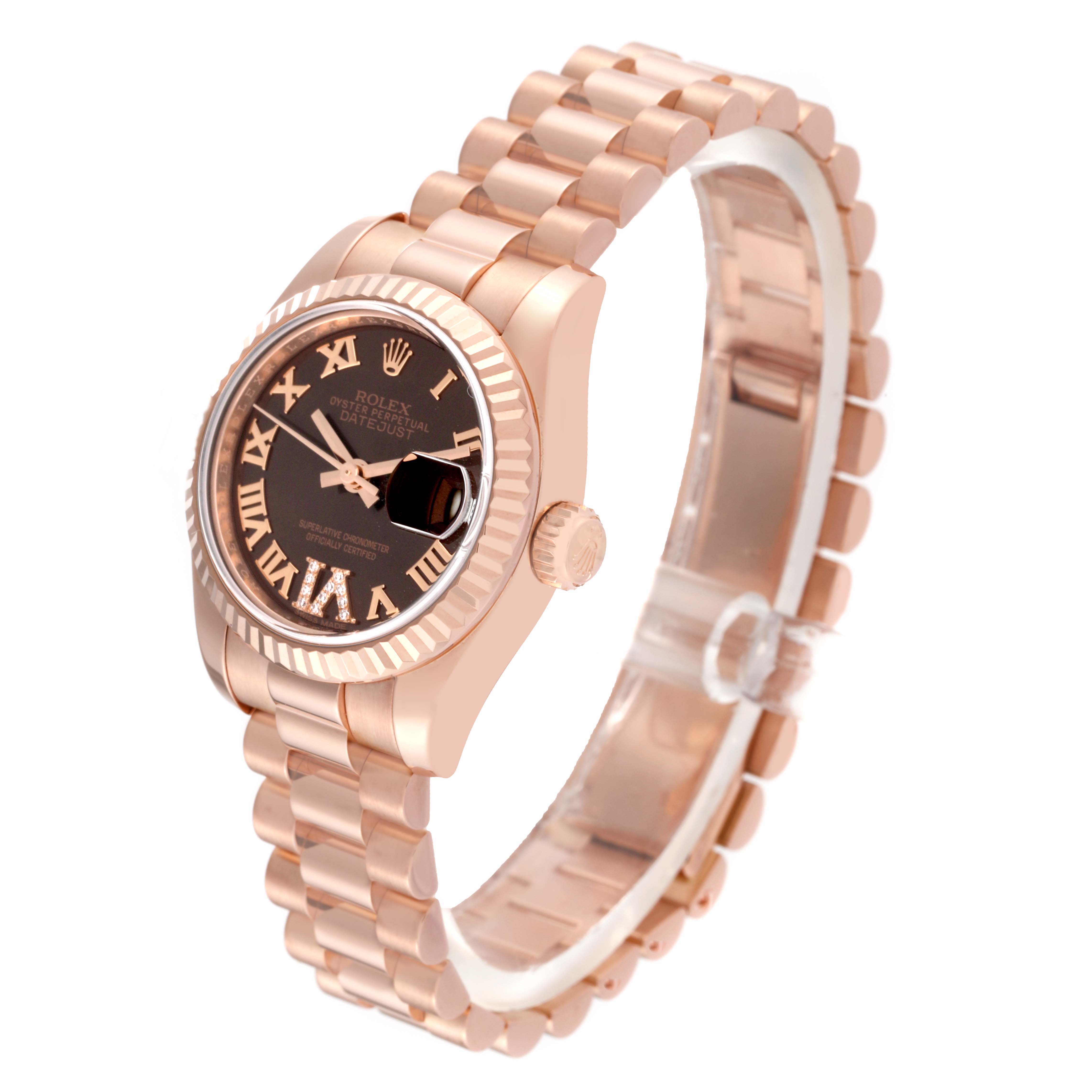 The Rolex President 179175 Women's Rose Gold Brown Dial 179175 Women's Rose Gold Brown Dial model watch is shown from a slightly angled side view, displaying its rose gold bracelet, black dial, and fluted bezel.