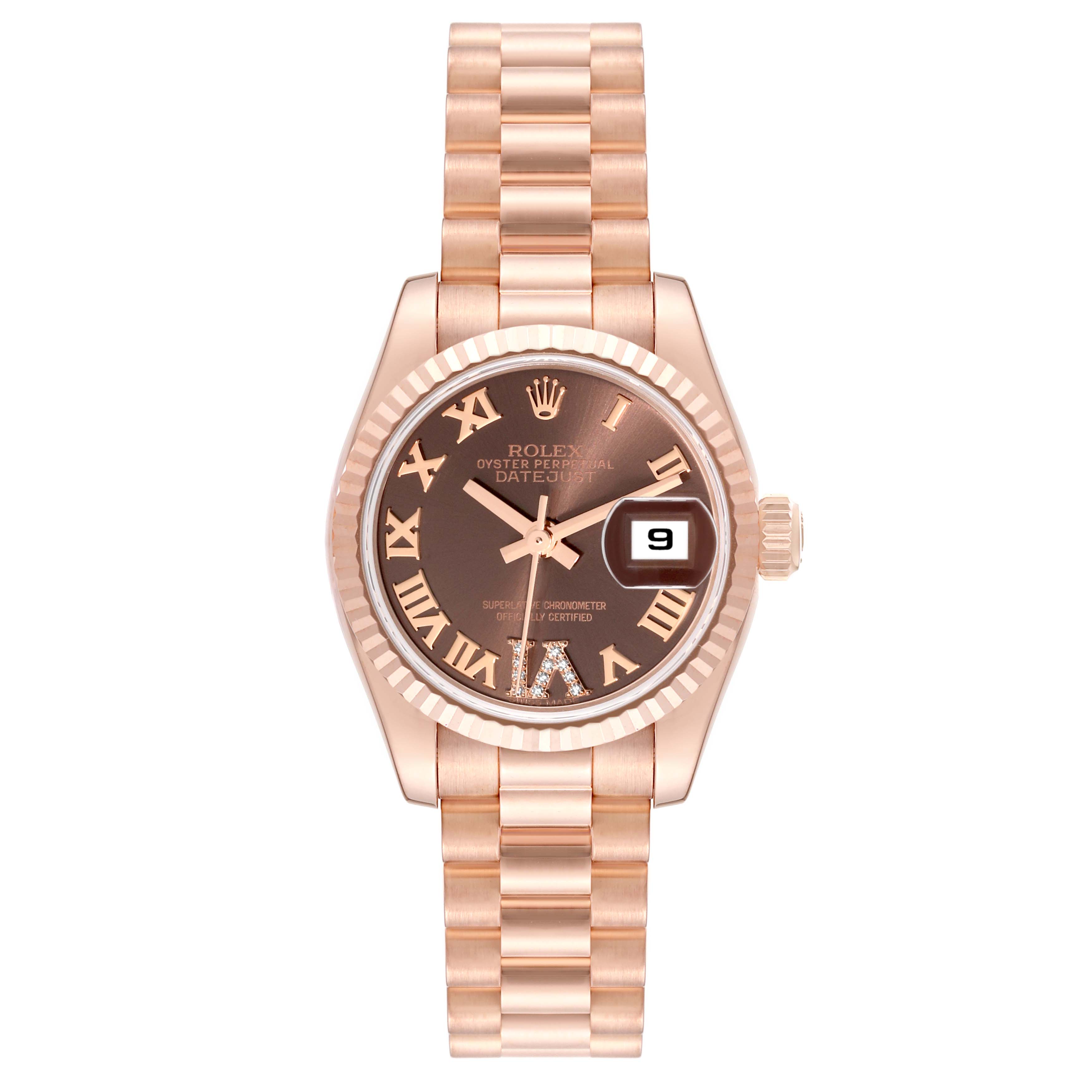 The Rolex President 179175 Women's Rose Gold Brown Dial 179175 Women's Rose Gold Brown Dial watch is shown from a front angle, displaying the dial, bezel, bracelet, and date window.