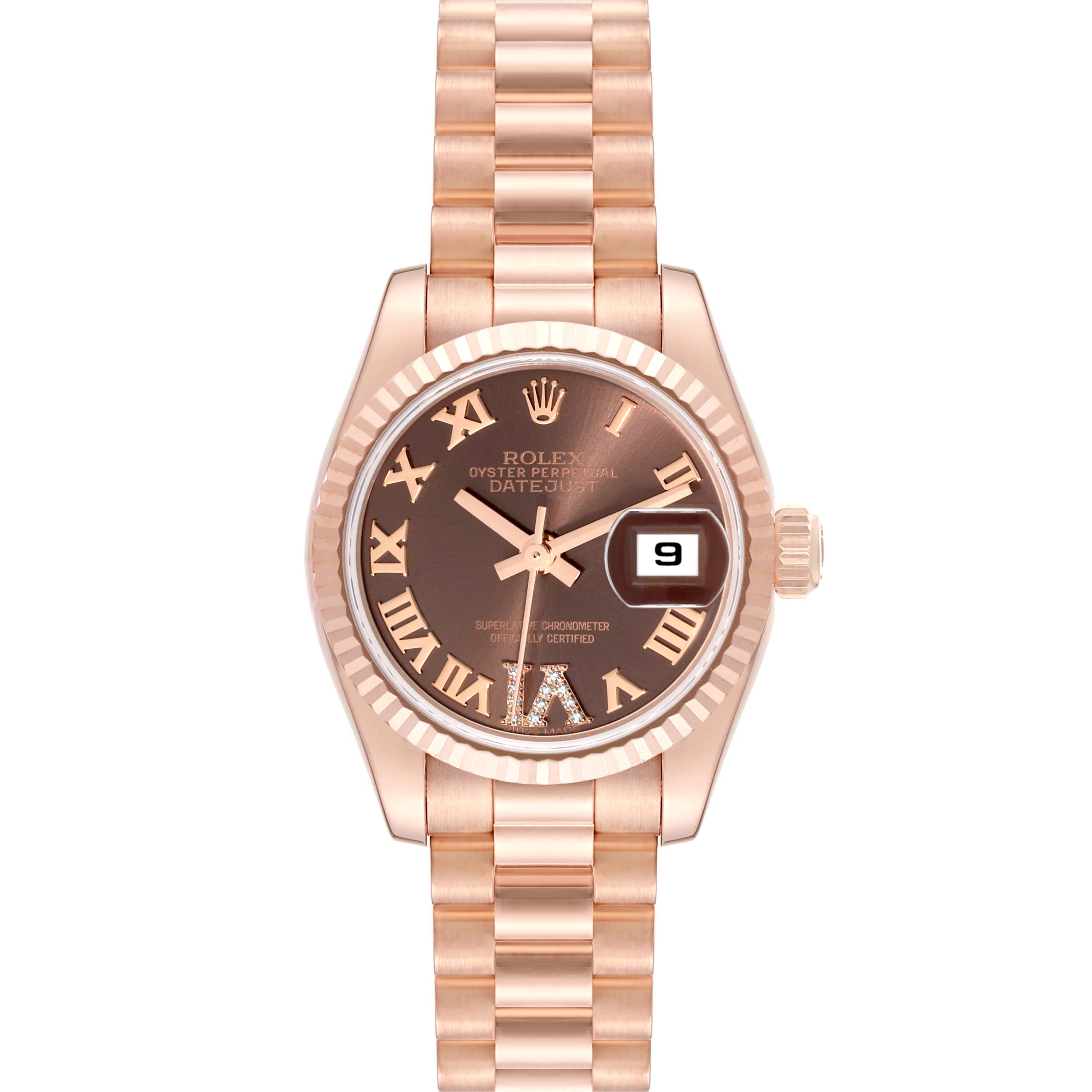 The image shows a frontal view of the Rolex President 179175 Women's Rose Gold Brown Dial 179175 Women's Rose Gold Brown Dial model watch, displaying its dial, bezel, bracelet, and crown.