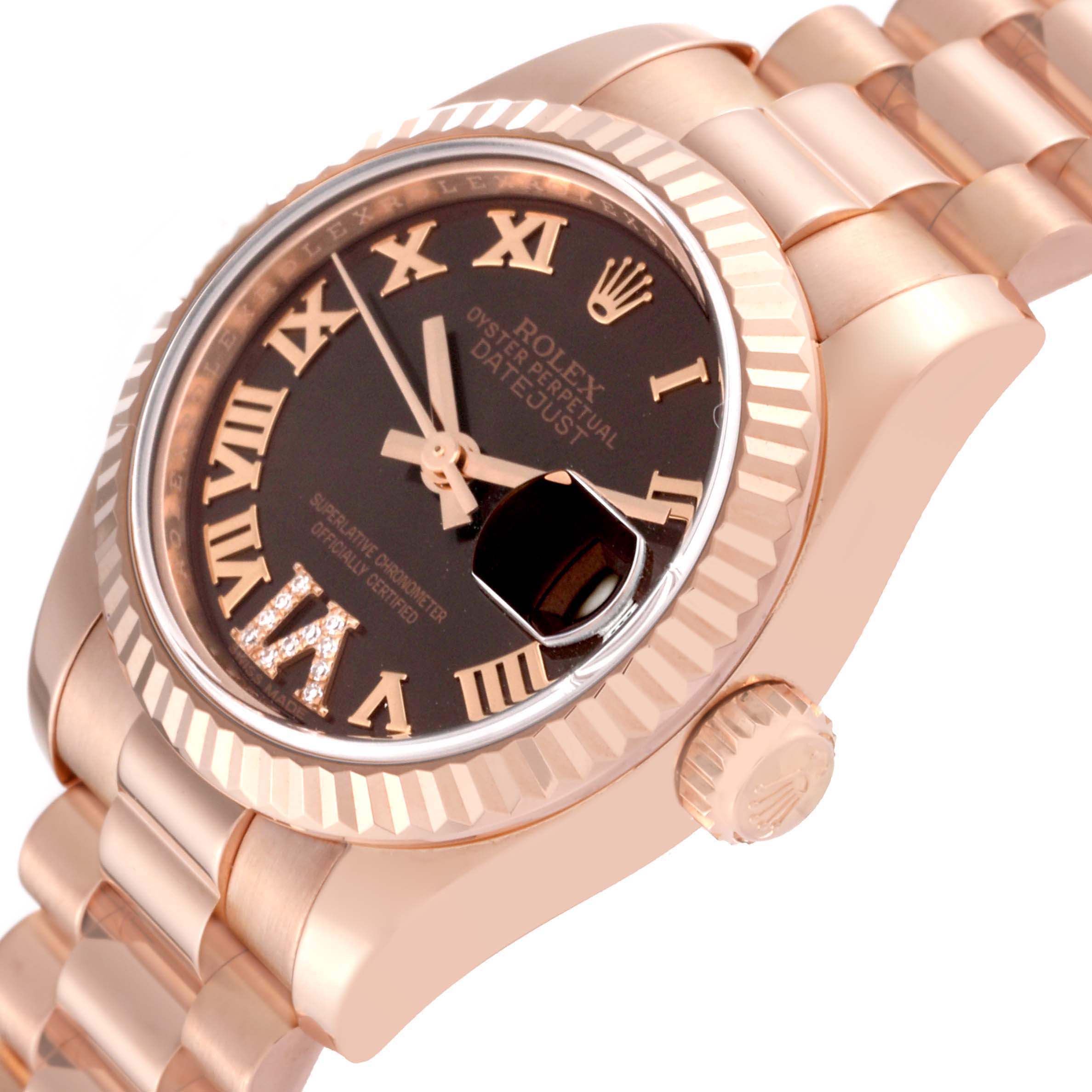 The image shows a close-up of the Rolex President 179175 Women's Rose Gold Brown Dial 179175 Women's Rose Gold Brown Dial model watch, highlighting its dial, bezel, crown, and part of the bracelet.