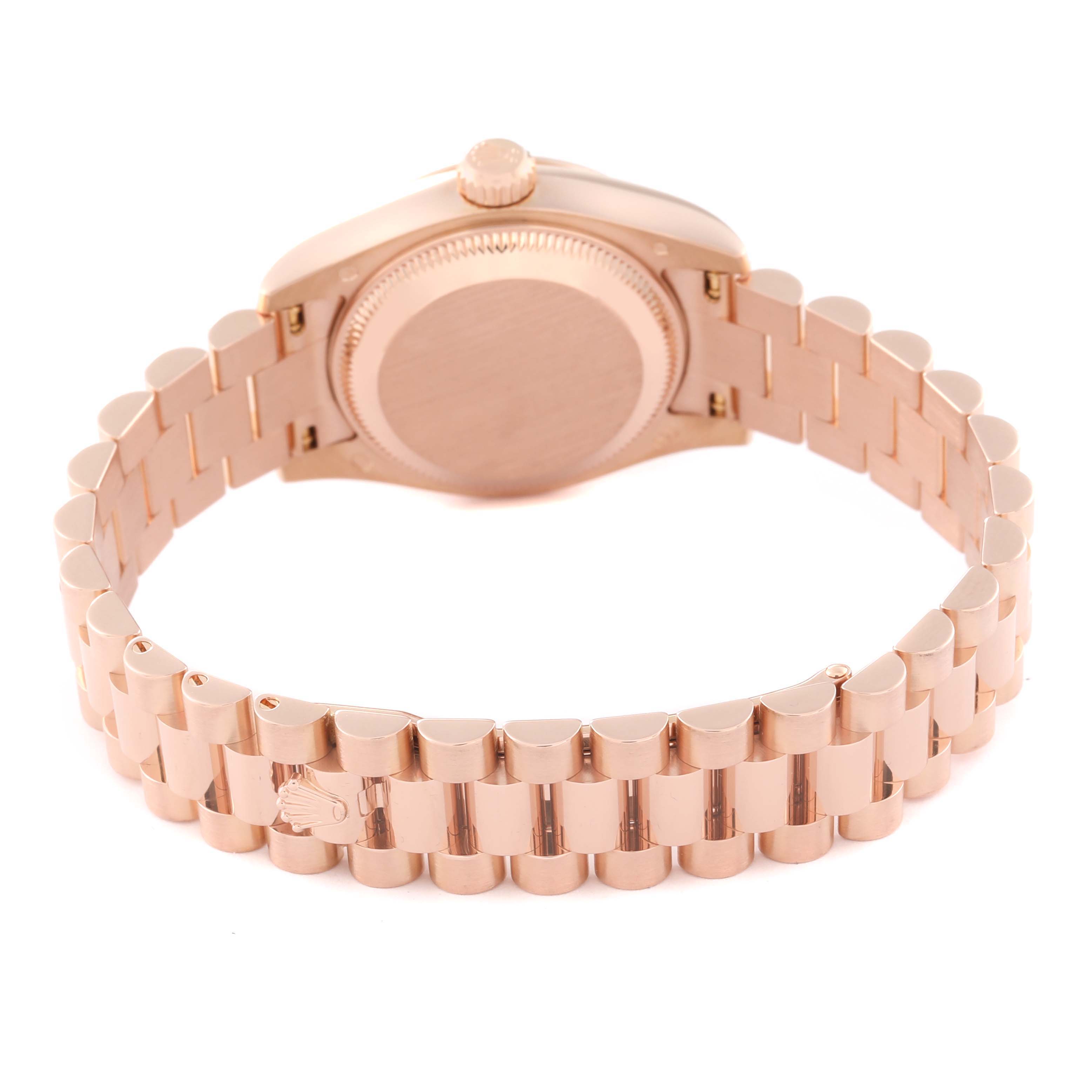 The image shows the back view of a Rolex President 179175 Women's Rose Gold Brown Dial 179175 Women's Rose Gold Brown Dial model watch, highlighting its closed case back and President bracelet.