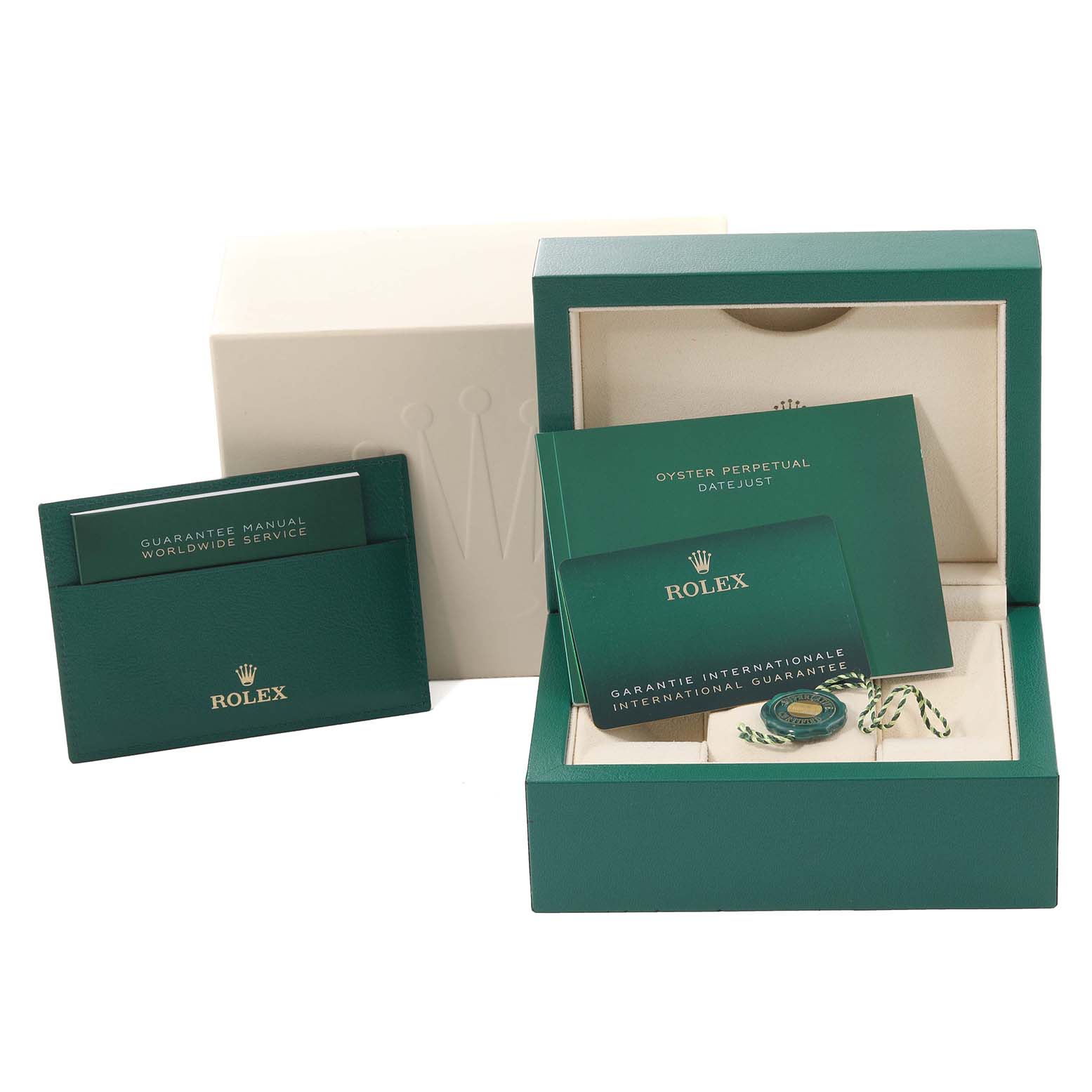 The image shows the packaging, guarantee manual, and certificate for a Rolex President 179175 Women's Rose Gold Brown Dial 179175 Women's Rose Gold Brown Dial model watch.