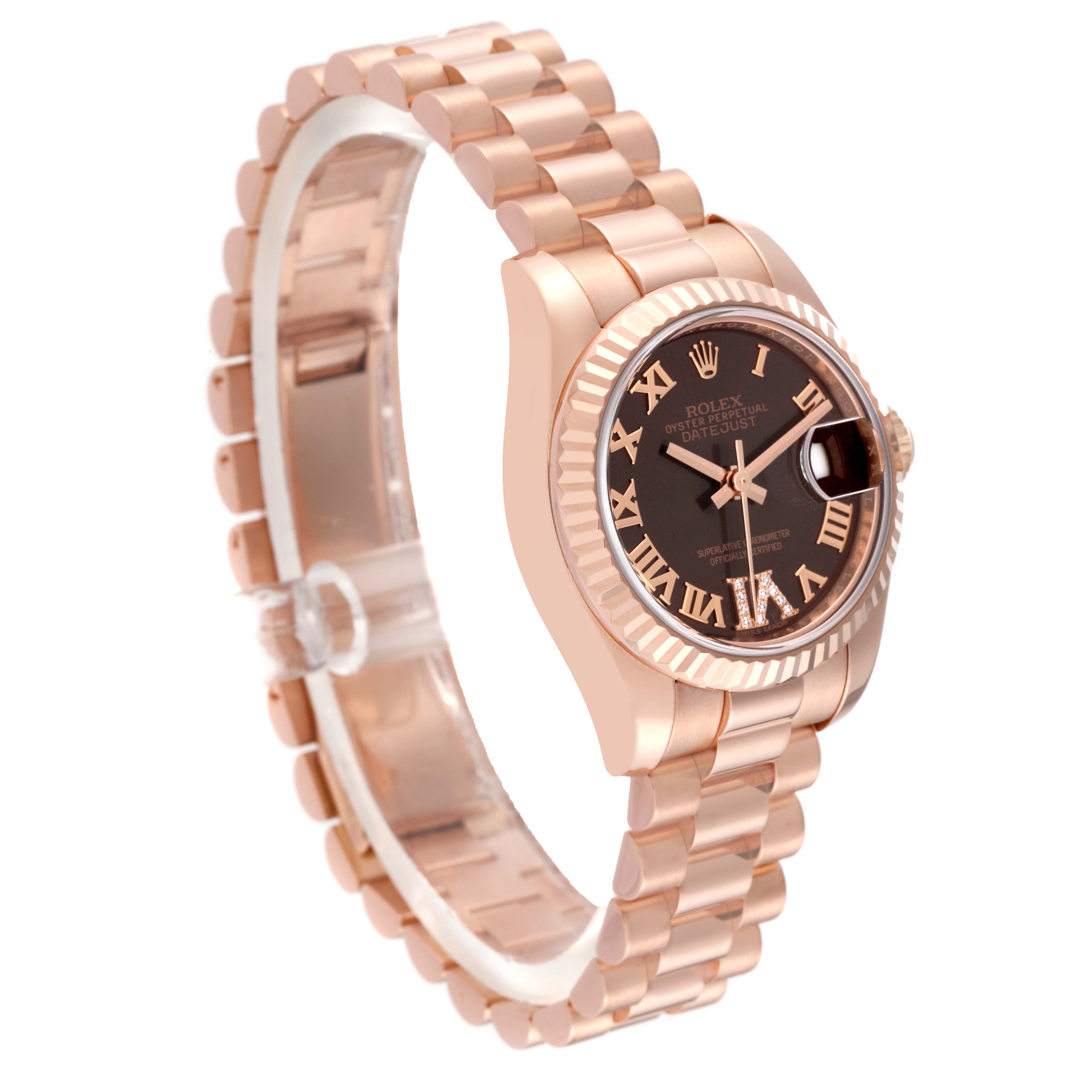 The image shows a side and front angle of a Rolex President 179175 Women's Rose Gold Brown Dial 179175 Women's Rose Gold Brown Dial model watch, highlighting its band, case, bezel, and dial.