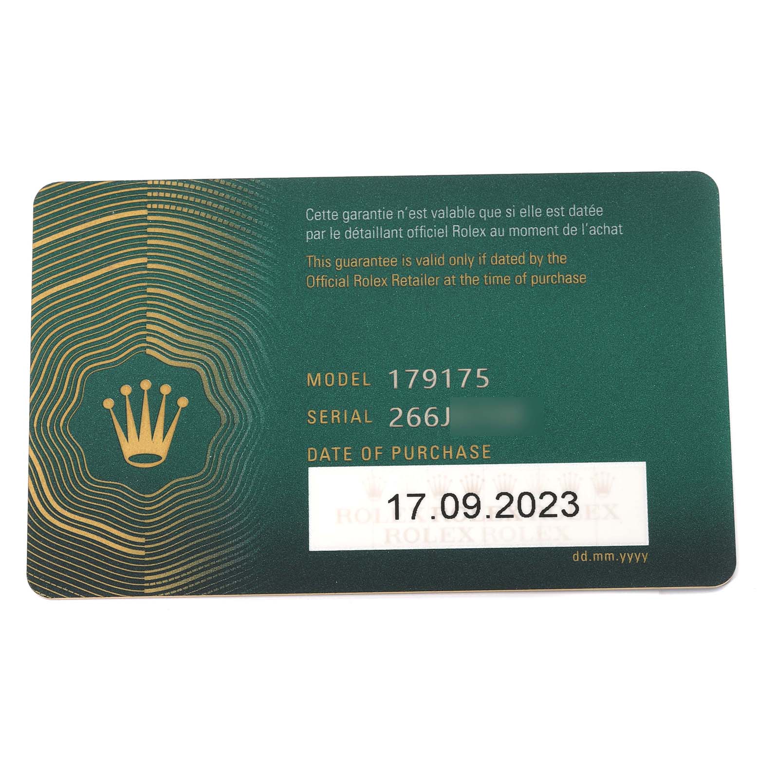 The image shows a warranty card for the President model by Rolex, detailing the model and serial number along with the purchase date.