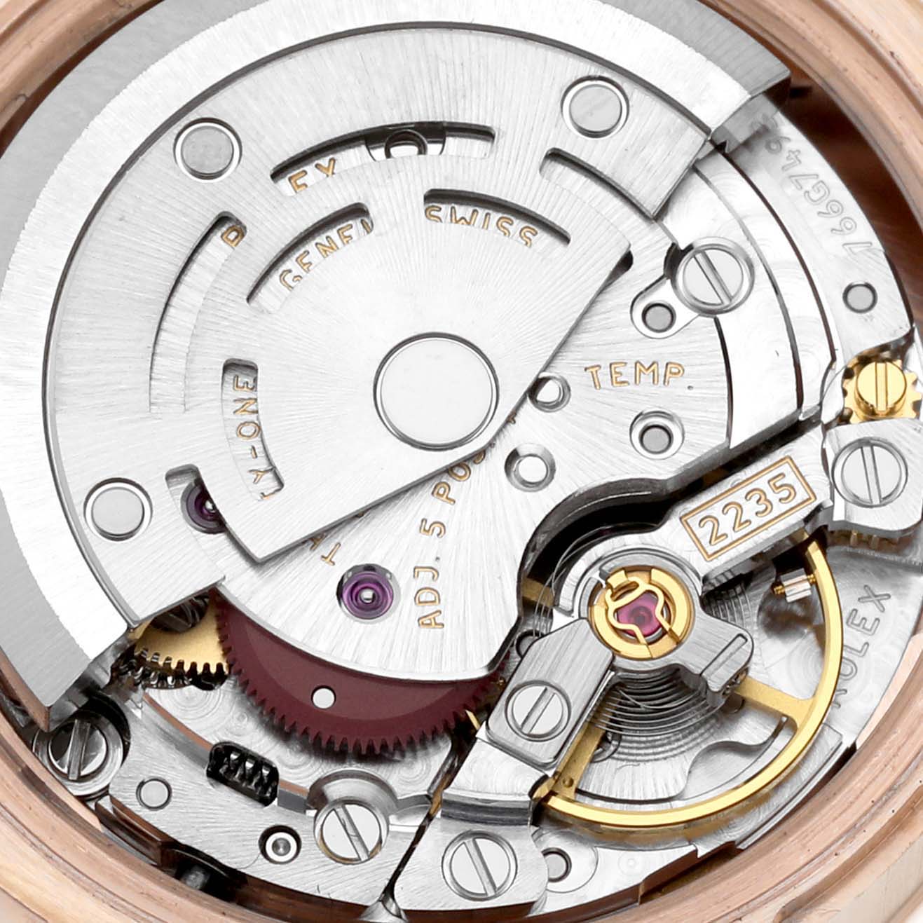 This image shows the inner movement mechanism of the Rolex President 179175 Women's Rose Gold Brown Dial 179175 Women's Rose Gold Brown Dial model watch from a top-down angle.