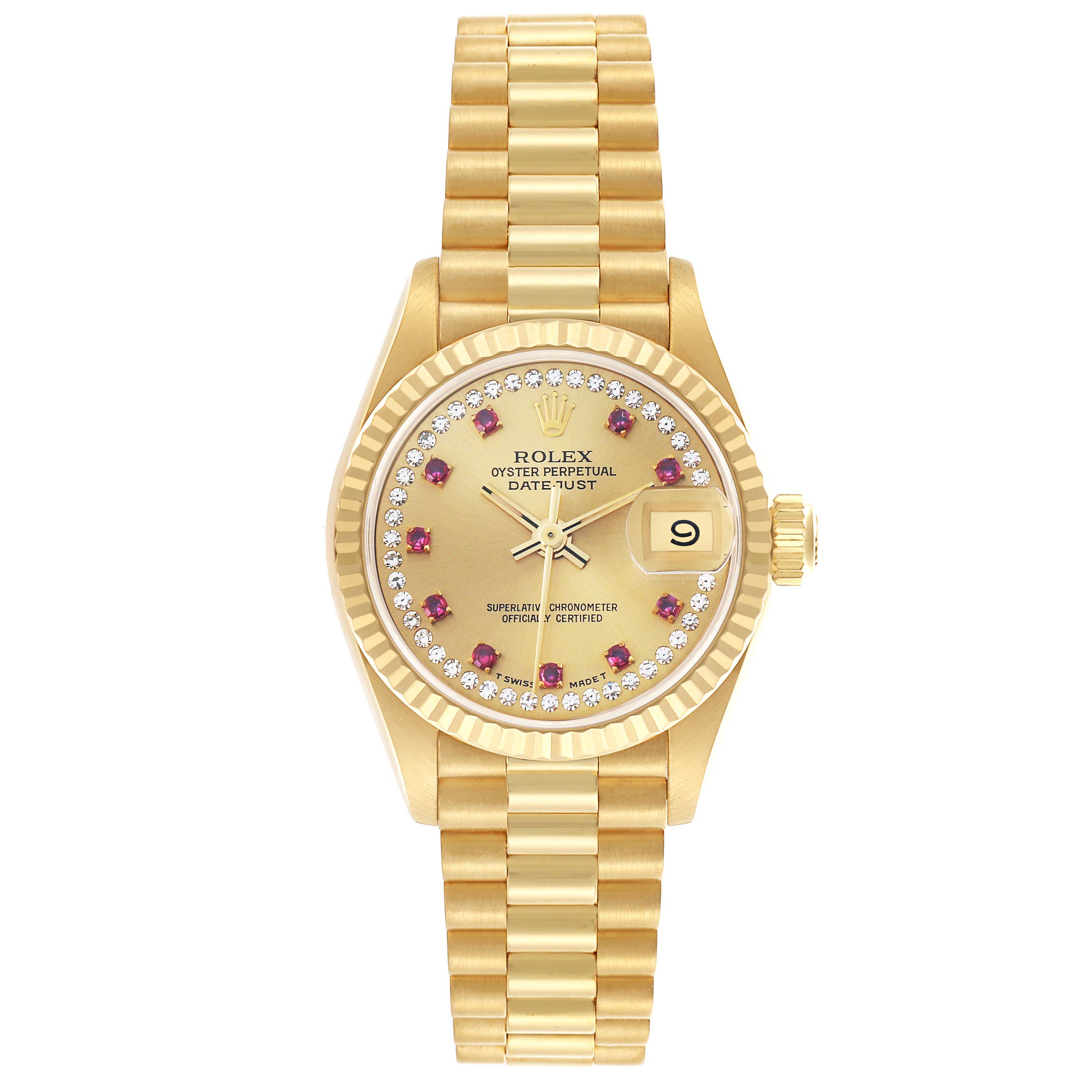 The Rolex President 69178 Women's Yellow Gold Champagne Dial model is shown from the front, displaying the gold bracelet, fluted bezel, and gemstone-set dial.