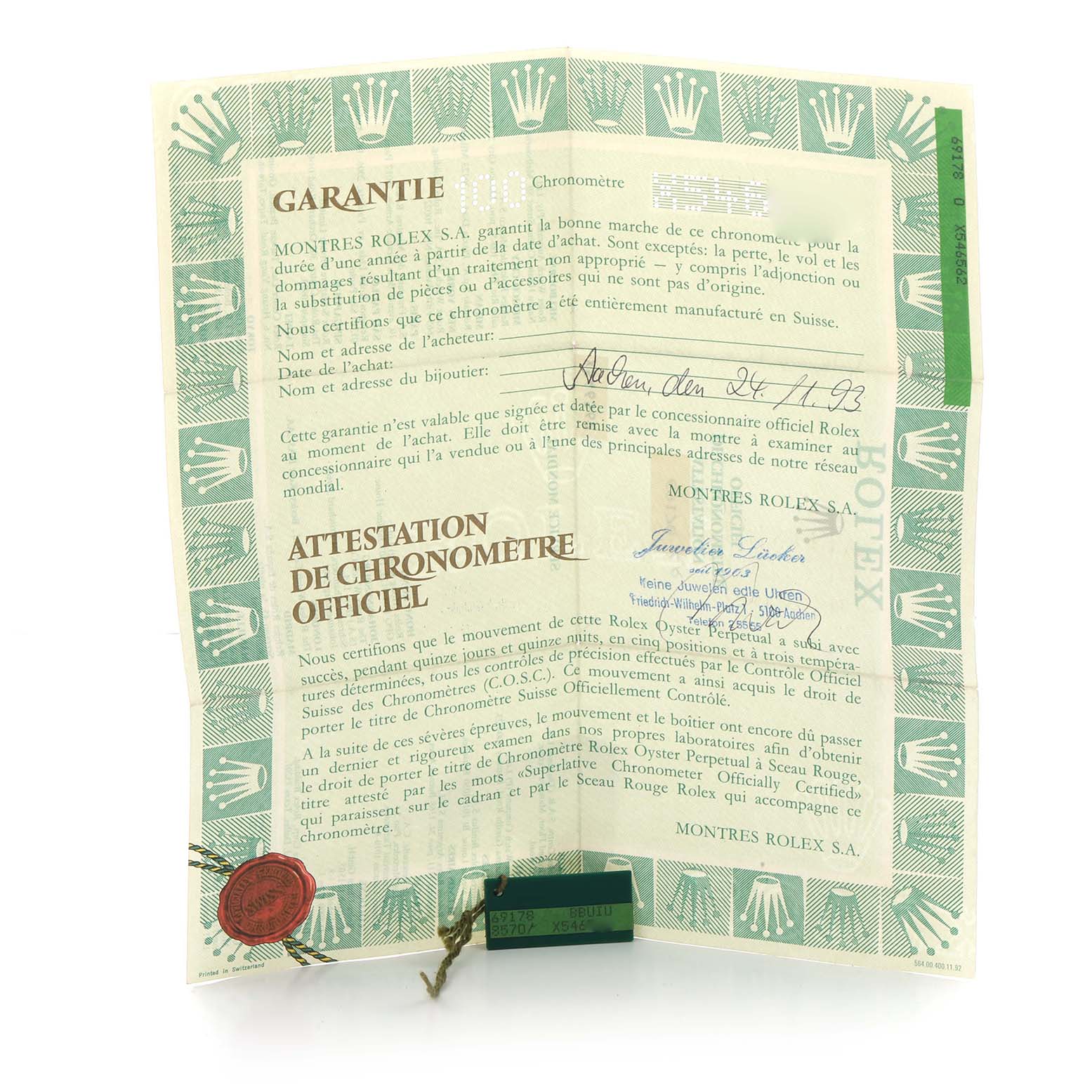 The image shows a certificate for the Rolex President 69178 Women's Yellow Gold Champagne Dial model with brand logos and warranty information.