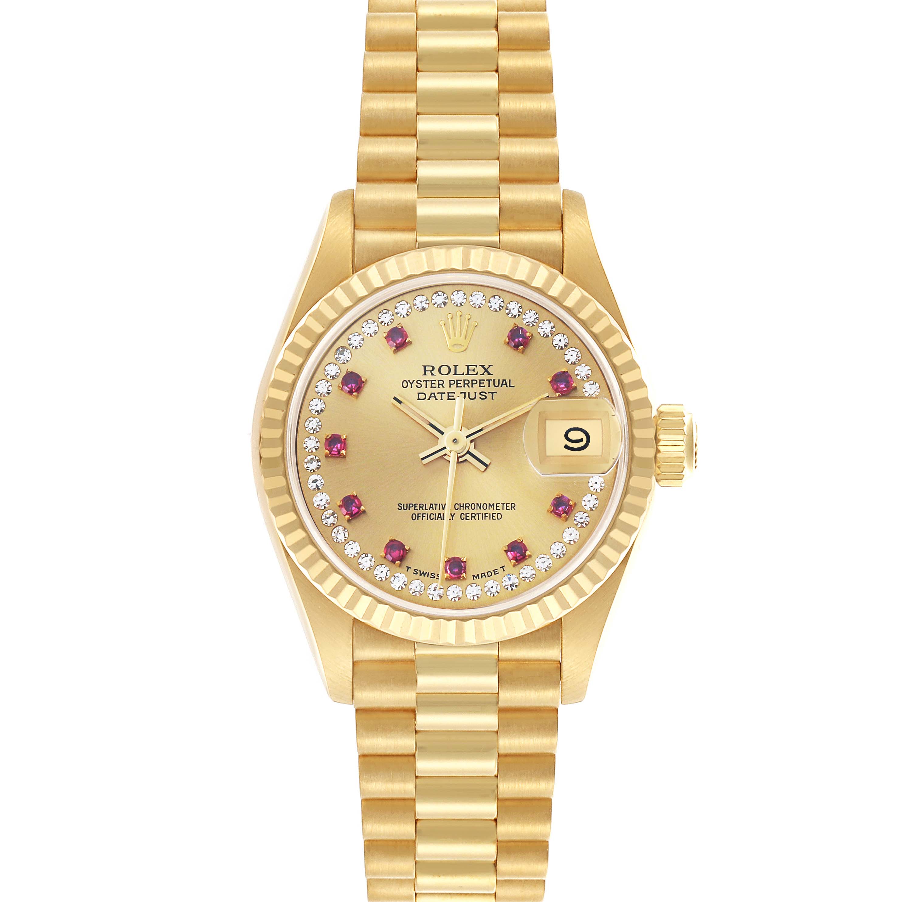 The Rolex President 69178 Women's Yellow Gold Champagne Dial model is shown from a top-down angle, highlighting the gold bracelet, fluted bezel, and diamond-accented dial.