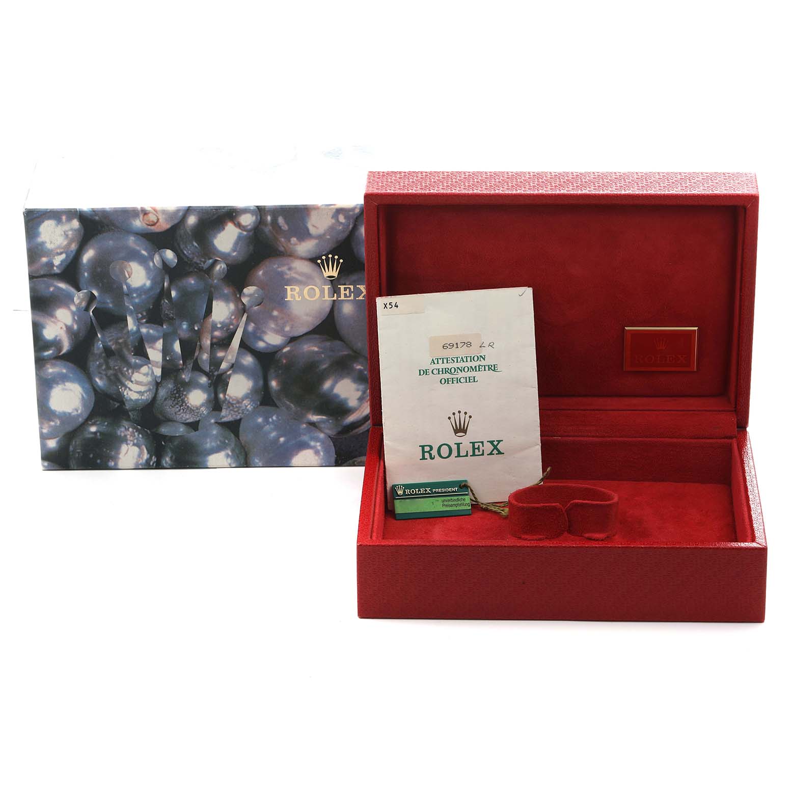 The image shows a Rolex President 69178 Women's Yellow Gold Champagne Dial model watch box, card, and tags in an open red case with a pearl-themed outer box.