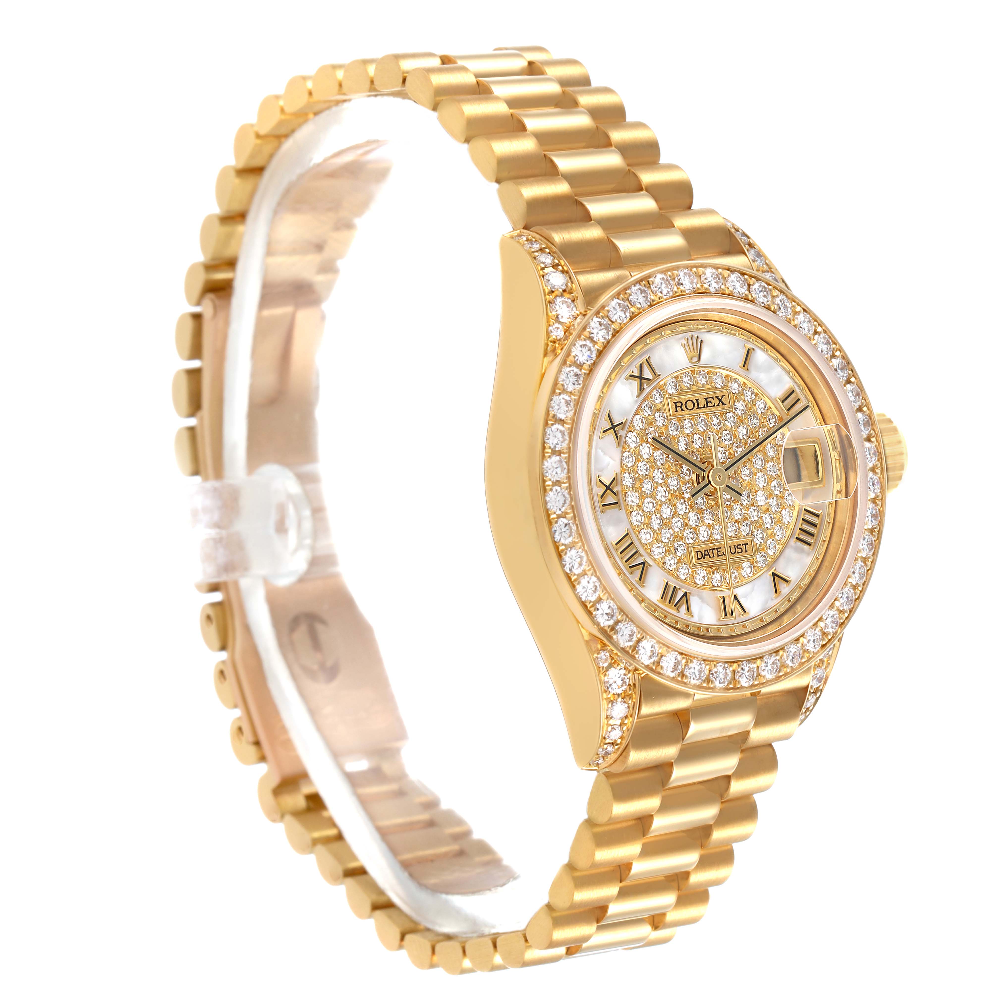 The Rolex President 69158 Women's Yellow Gold Mother of Pearl Dial model is shown at a three-quarter angle, displaying the dial, bezel, and bracelet.