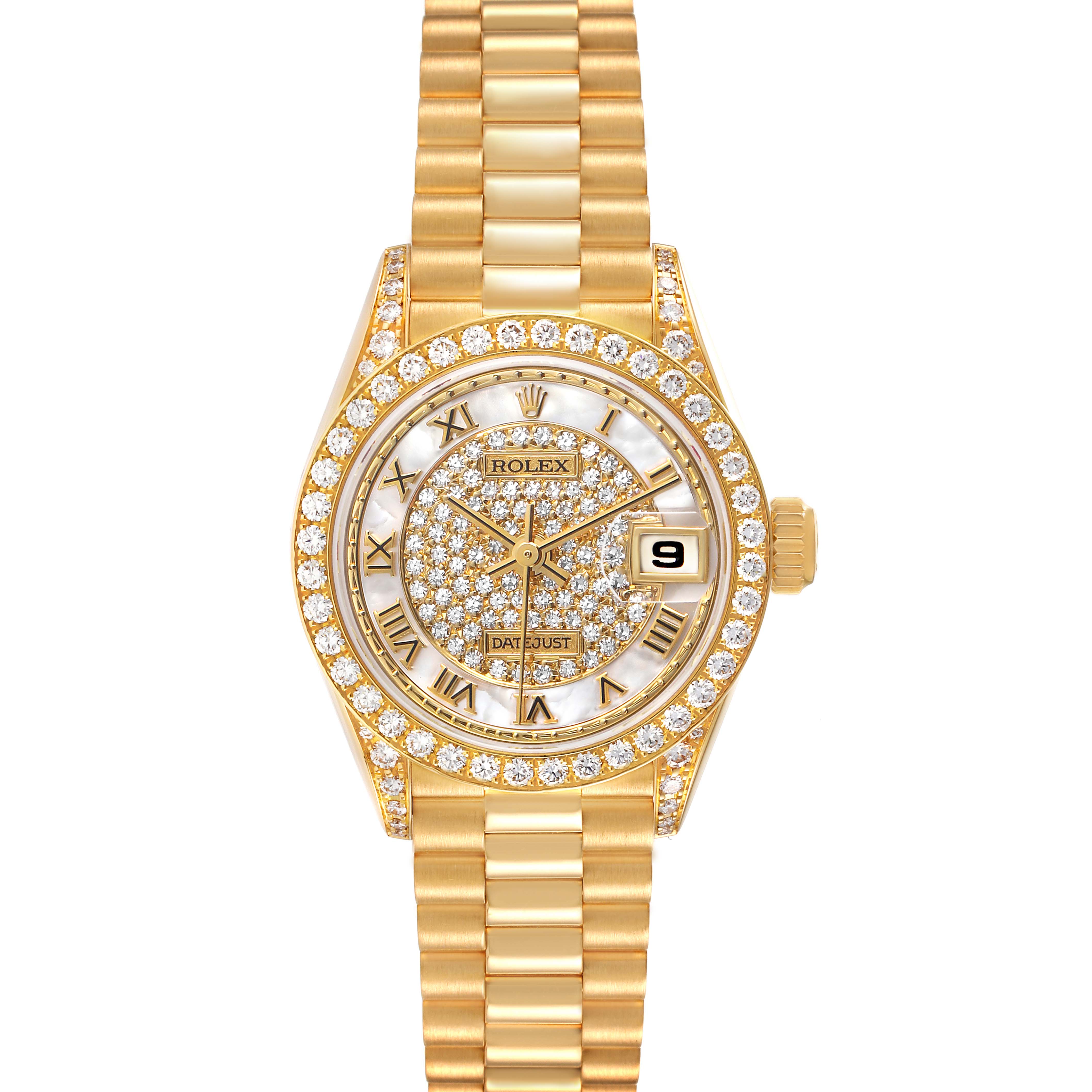 The Rolex President 69158 Women's Yellow Gold Mother of Pearl Dial model watch is shown from the front, highlighting its diamond-encrusted bezel and dial, with a gold bracelet.
