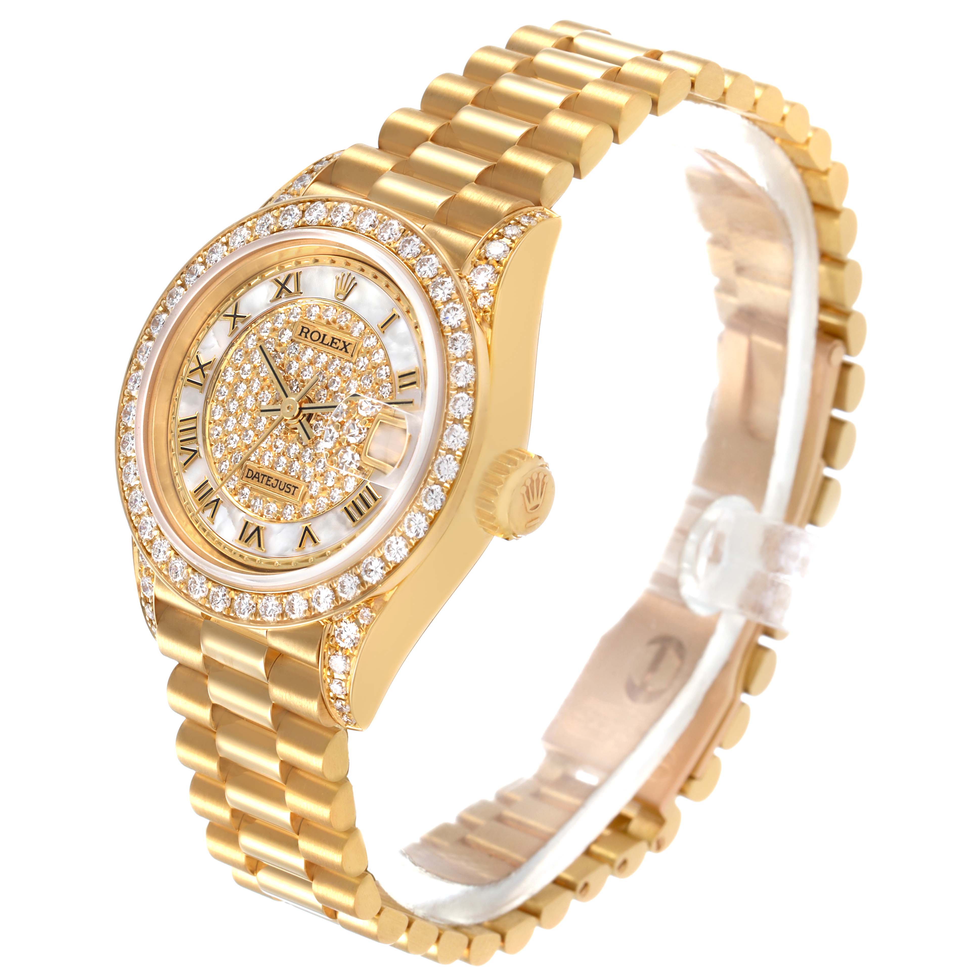 The Rolex President 69158 Women's Yellow Gold Mother of Pearl Dial watch is shown at an angled side view, highlighting its gold bracelet, diamond-studded bezel, and dial.