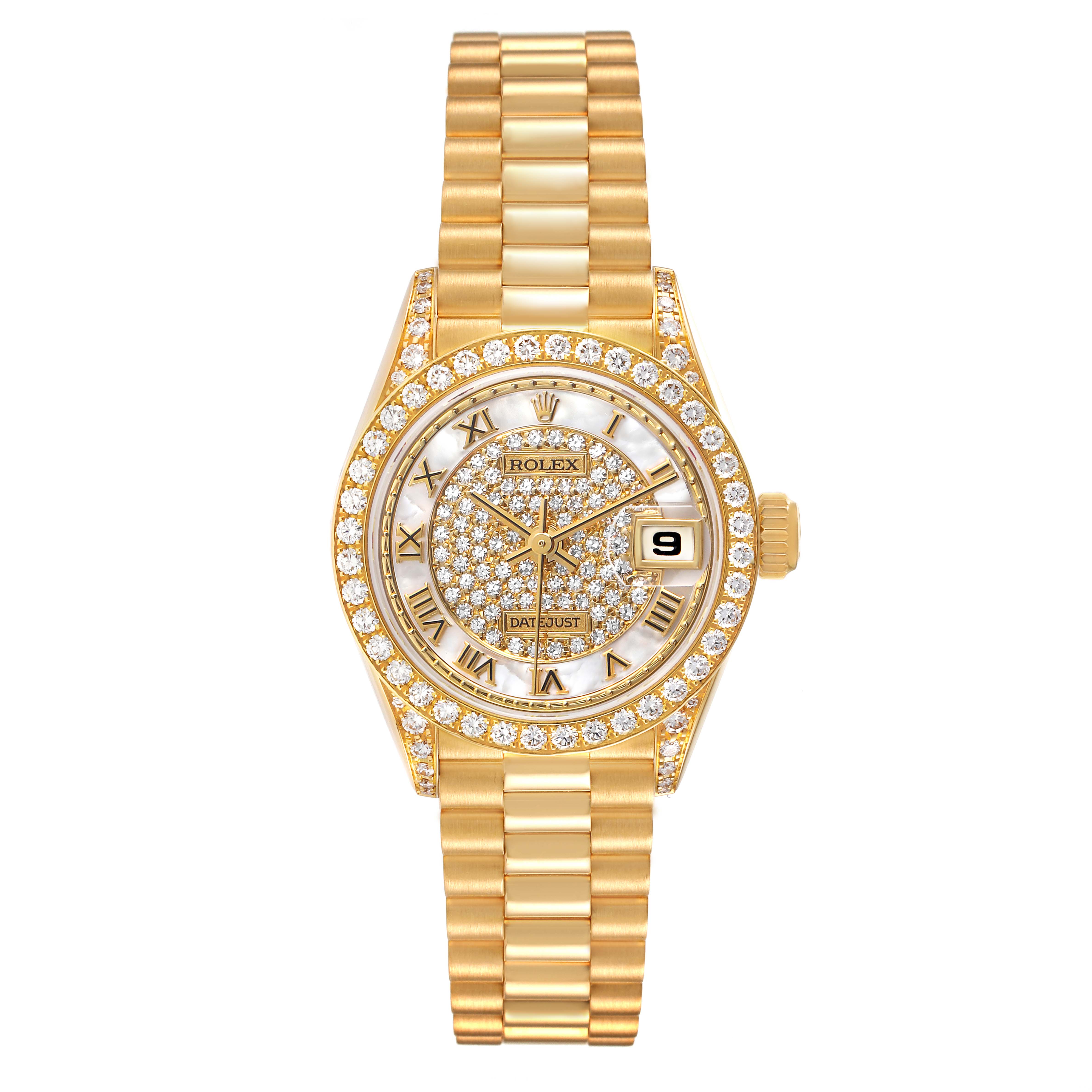 The Rolex President 69158 Women's Yellow Gold Mother of Pearl Dial model watch is shown from the front, displaying its bracelet, diamond bezel, and detailed dial.