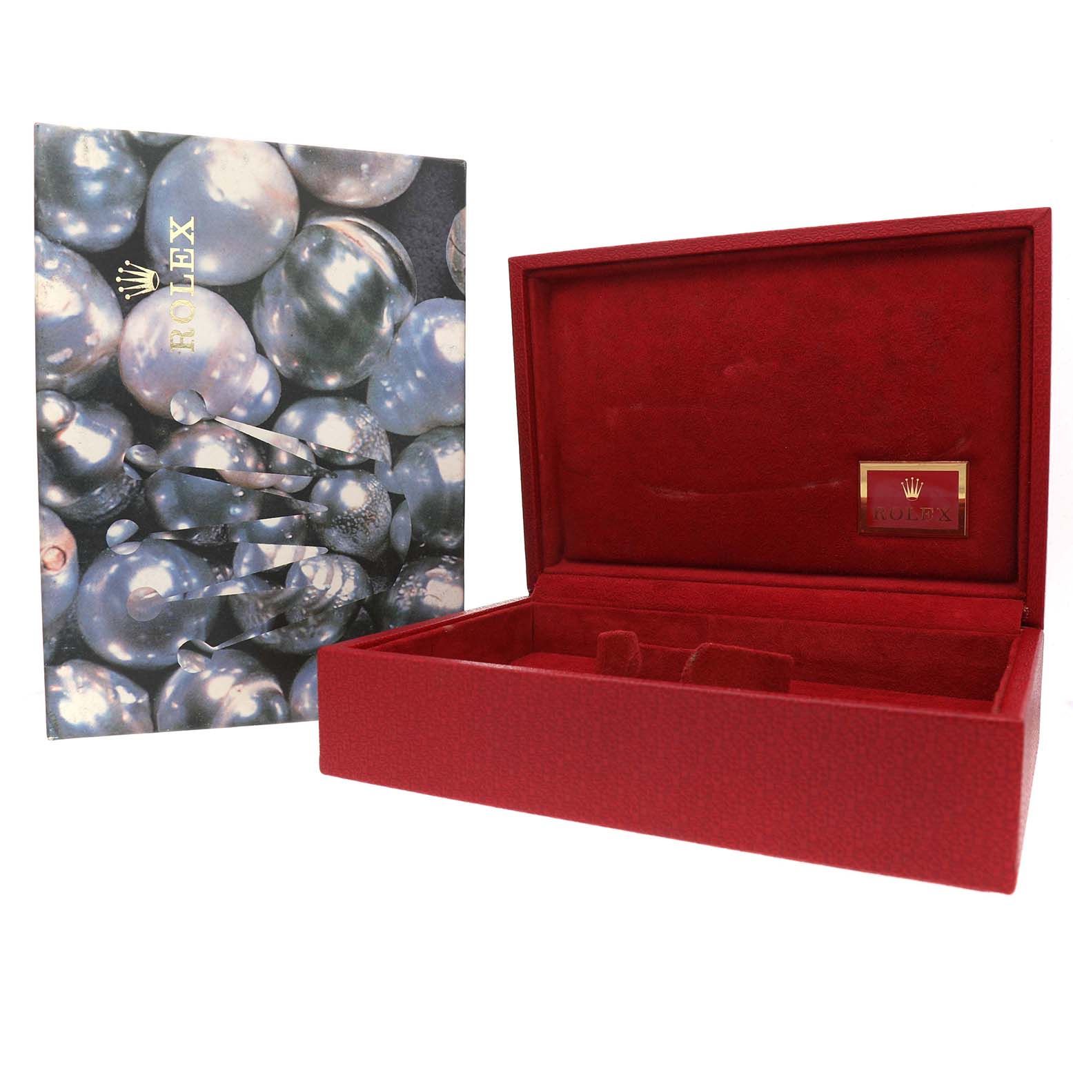 The image shows a red Rolex President 69158 Women's Yellow Gold Mother of Pearl Dial watch box and a booklet with pearl imagery.