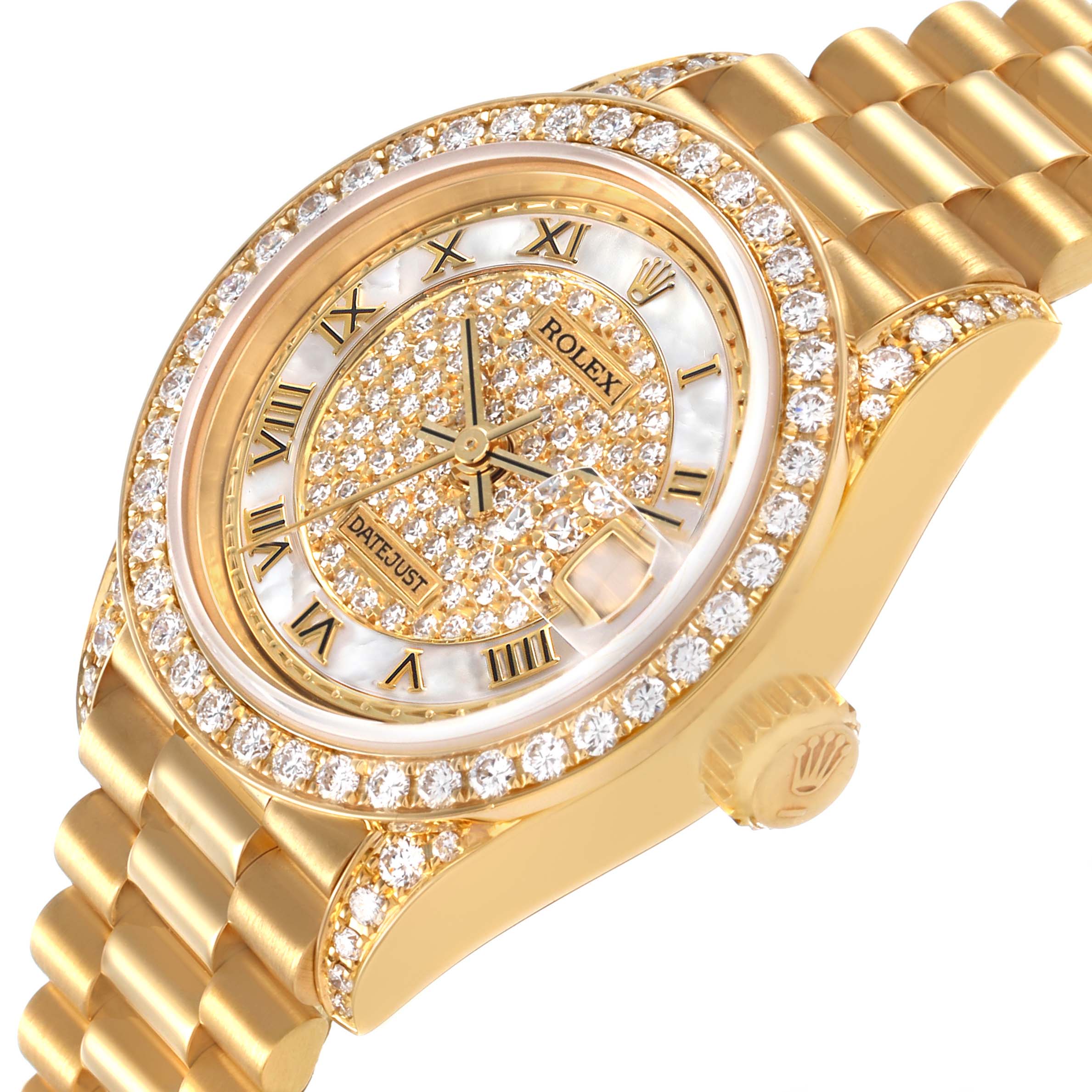 The Rolex President 69158 Women's Yellow Gold Mother of Pearl Dial watch is angled to show the bezel, dial, bracelet, and crown, highlighting its diamond-studded details.