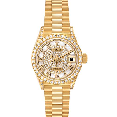 The image shows a frontal view of a Rolex President 69158 Womens Yellow Gold Mother of Pearl Dial watch, highlighting the diamond-studded bezel, dial, and gold bracelet.