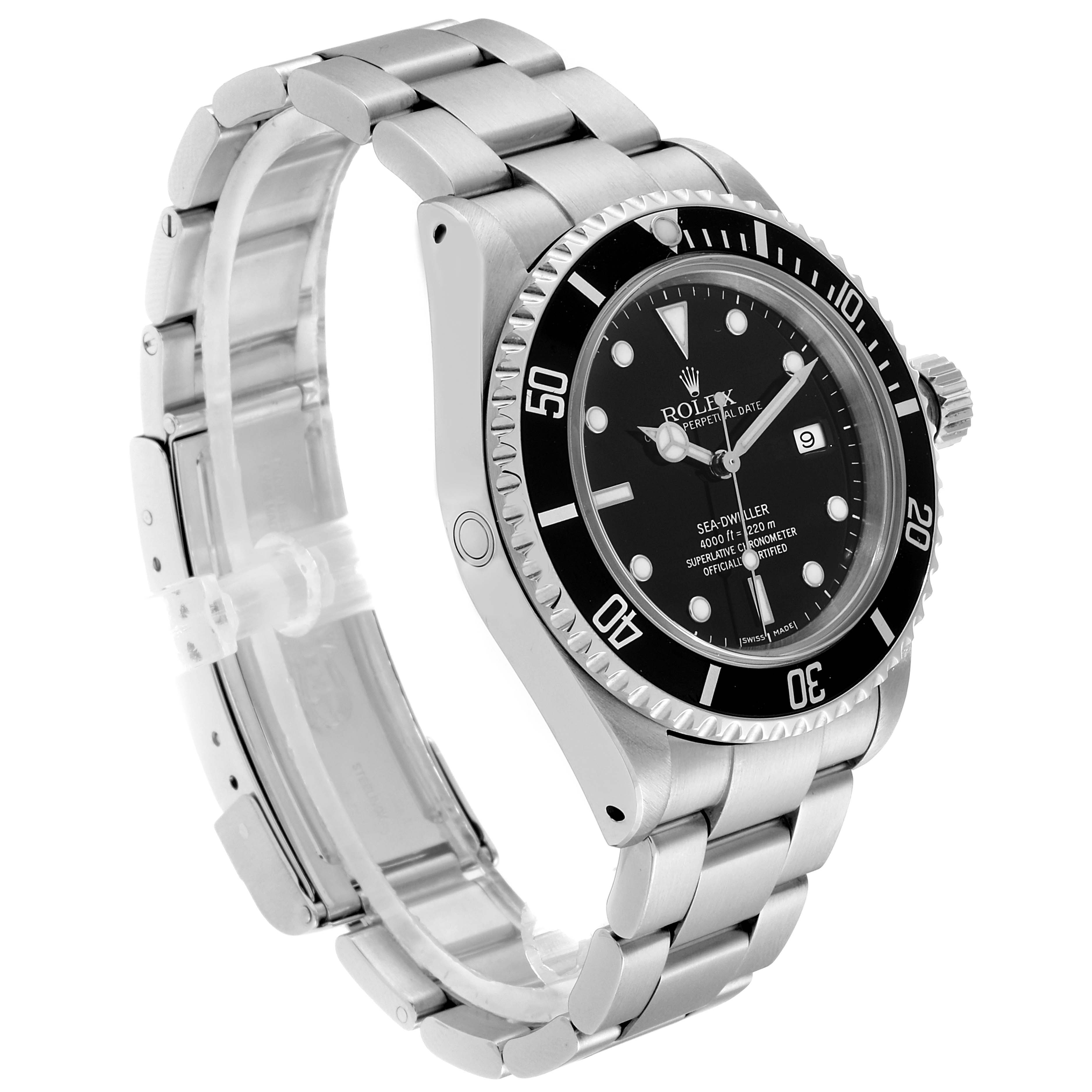The Rolex Sea-Dweller 16600 Men
s Stainless Steel Black Dial 16600 Men
s Stainless Steel Black Dial watch is shown at an angle highlighting its face, bezel, crown, and bracelet.