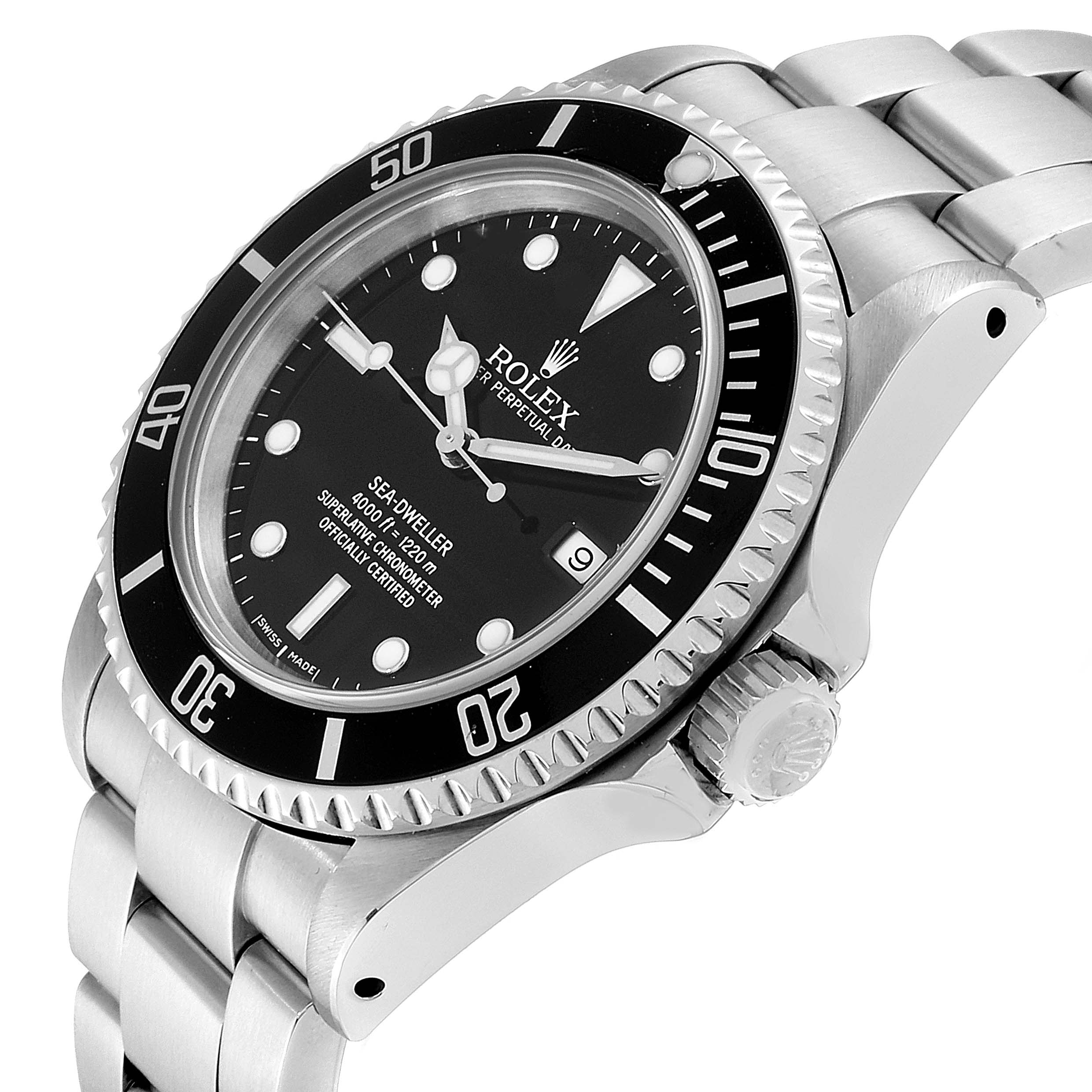 This image shows a Rolex Sea-Dweller 16600 Men
s Stainless Steel Black Dial 16600 Men
s Stainless Steel Black Dial watch from an angled side view highlighting the face, bezel, case, and part of the bracelet.