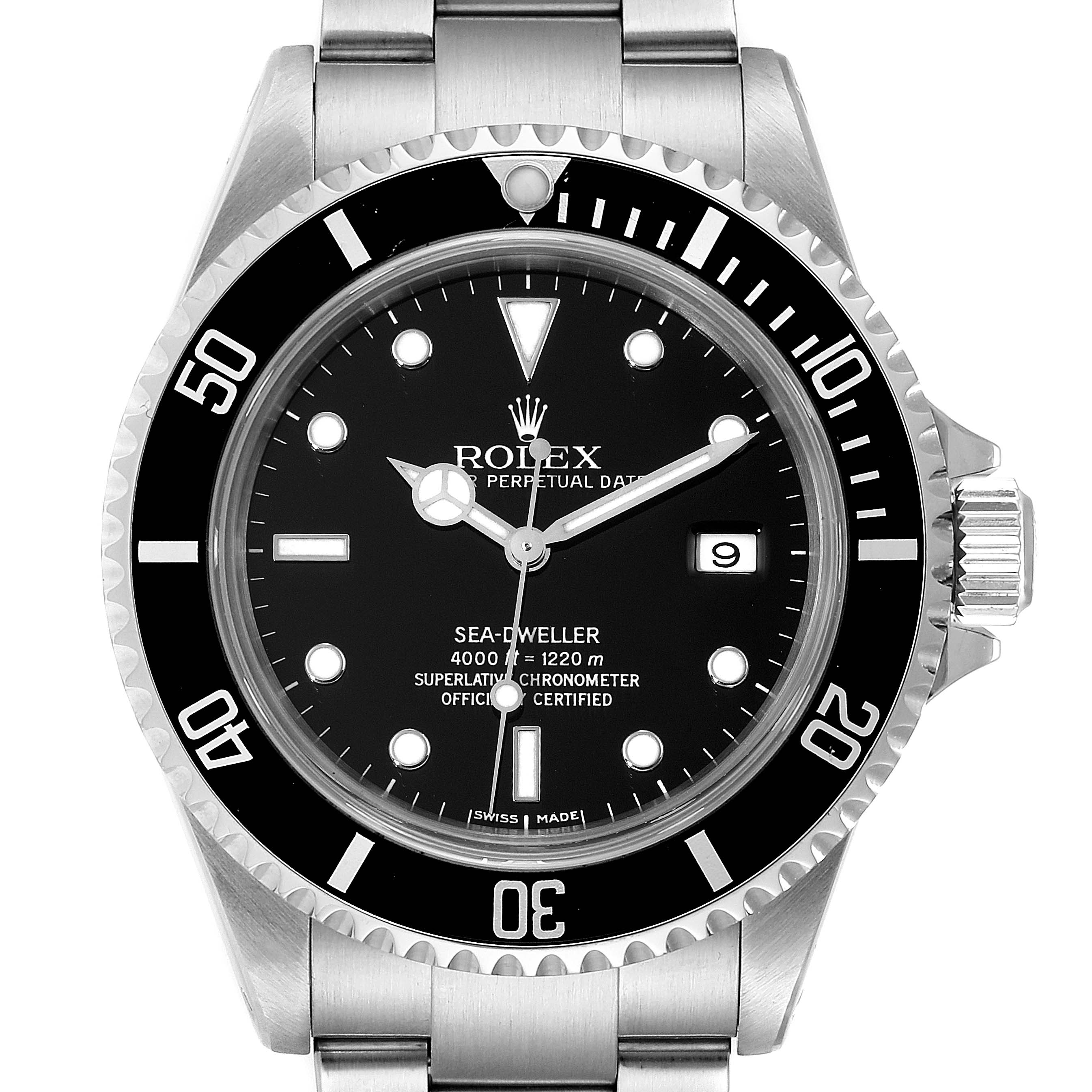 The image shows a front view of the Rolex Sea-Dweller 16600 Men
s Stainless Steel Black Dial 16600 Men
s Stainless Steel Black Dial watch, highlighting the dial, bezel, date window, and bracelet.