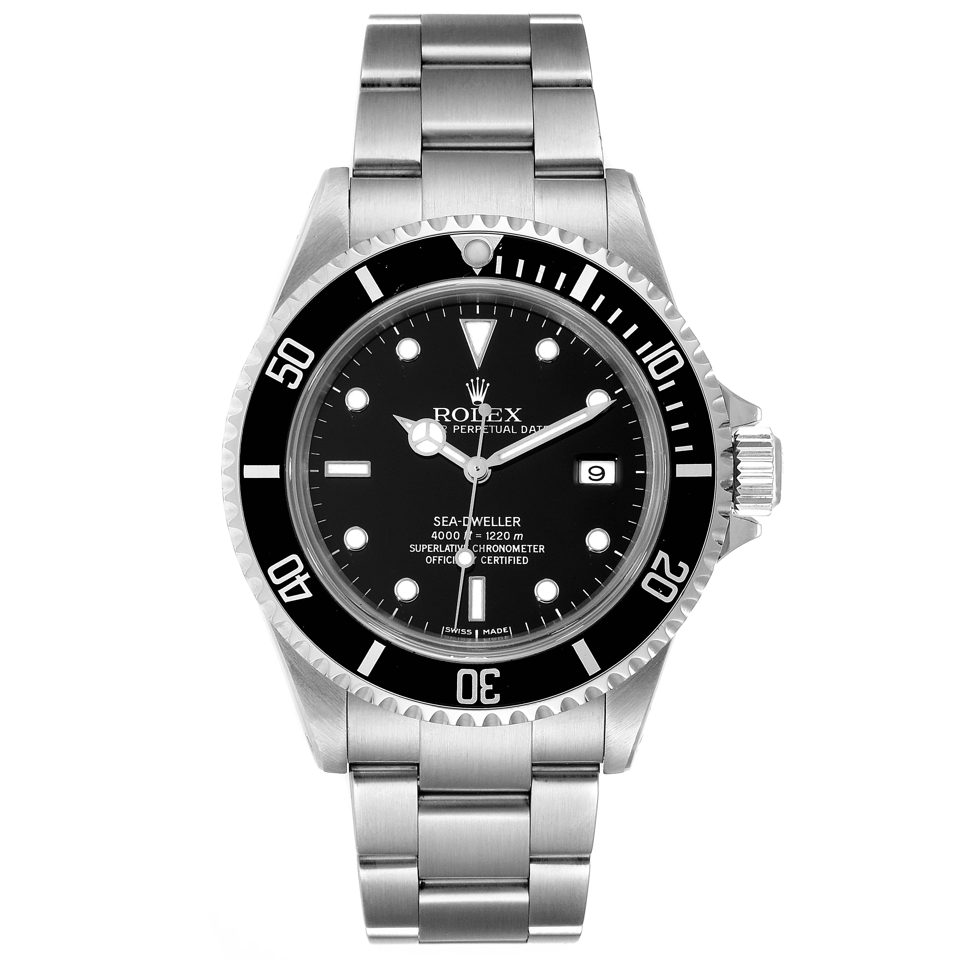 The image shows a front view of a Rolex Sea-Dweller 16600 Men
s Stainless Steel Black Dial 16600 Men
s Stainless Steel Black Dial watch, highlighting its dial, bezel, and bracelet.