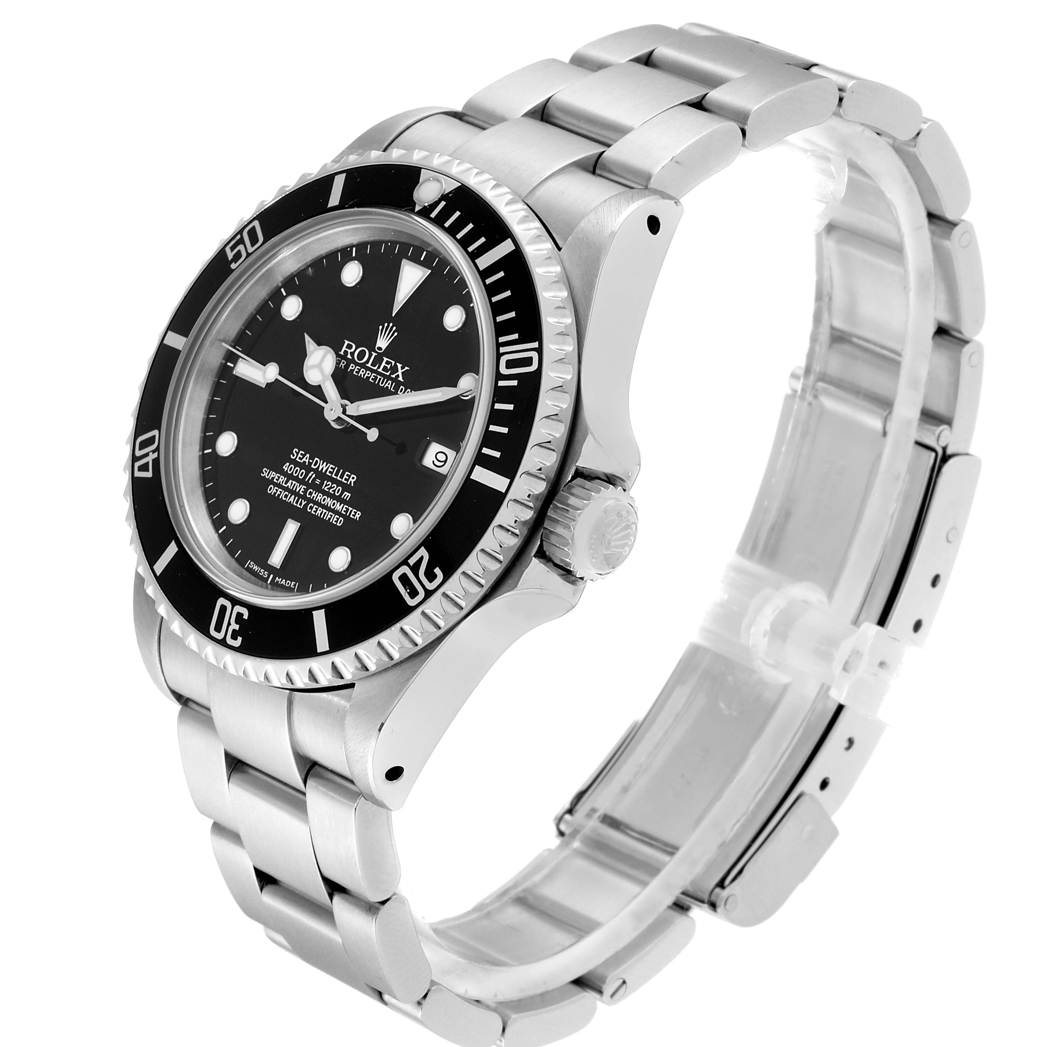 The image shows a side angle of the Rolex Sea-Dweller 16600 Men
s Stainless Steel Black Dial 16600 Men
s Stainless Steel Black Dial, highlighting its face, bezel, crown, and bracelet.
