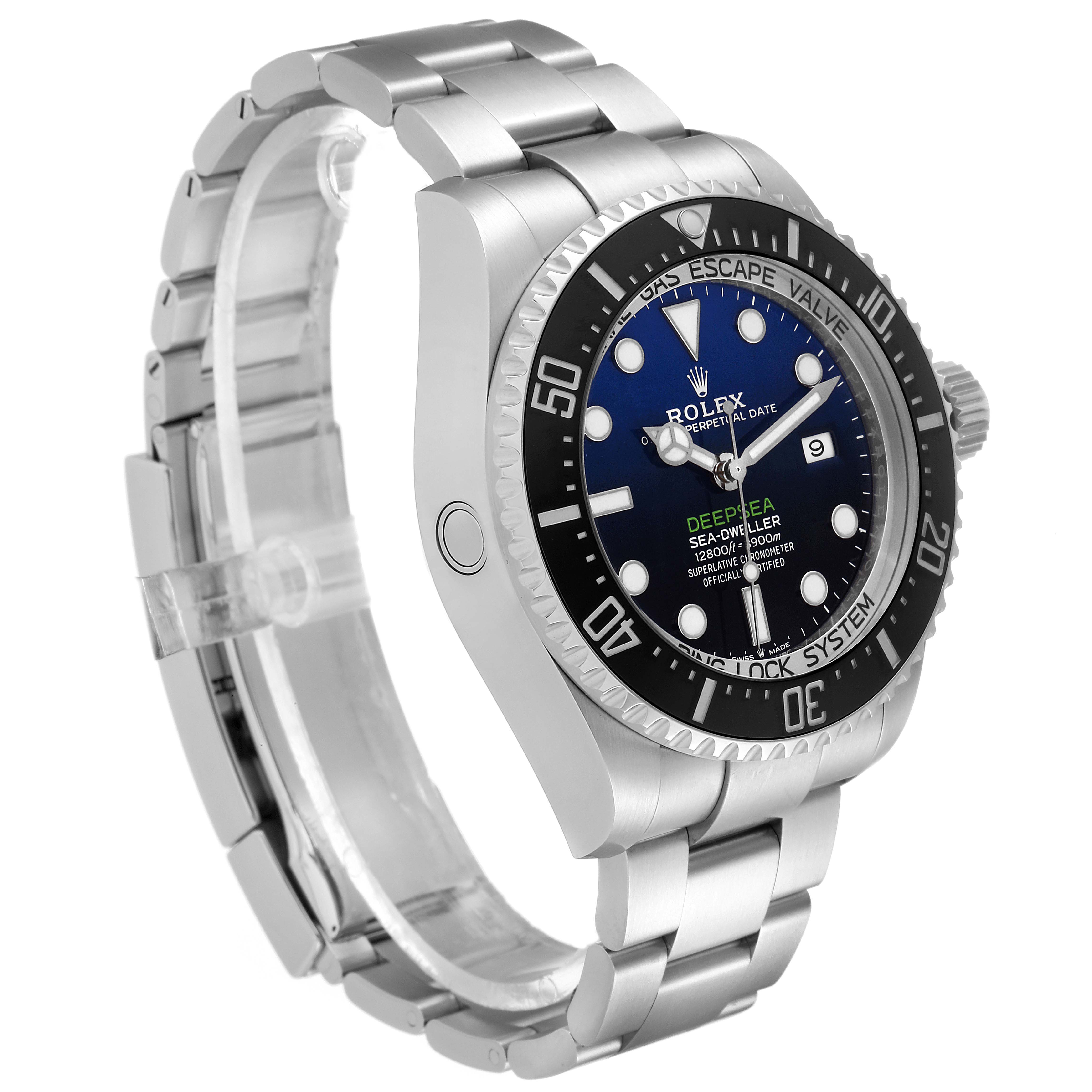 The image shows a side and angled view of a Rolex Sea-Dweller 126660 Men's Stainless Steel Blue Dial 126660 Men's Stainless Steel Blue Dial watch, highlighting its bezel, dial, bracelet, and crown.