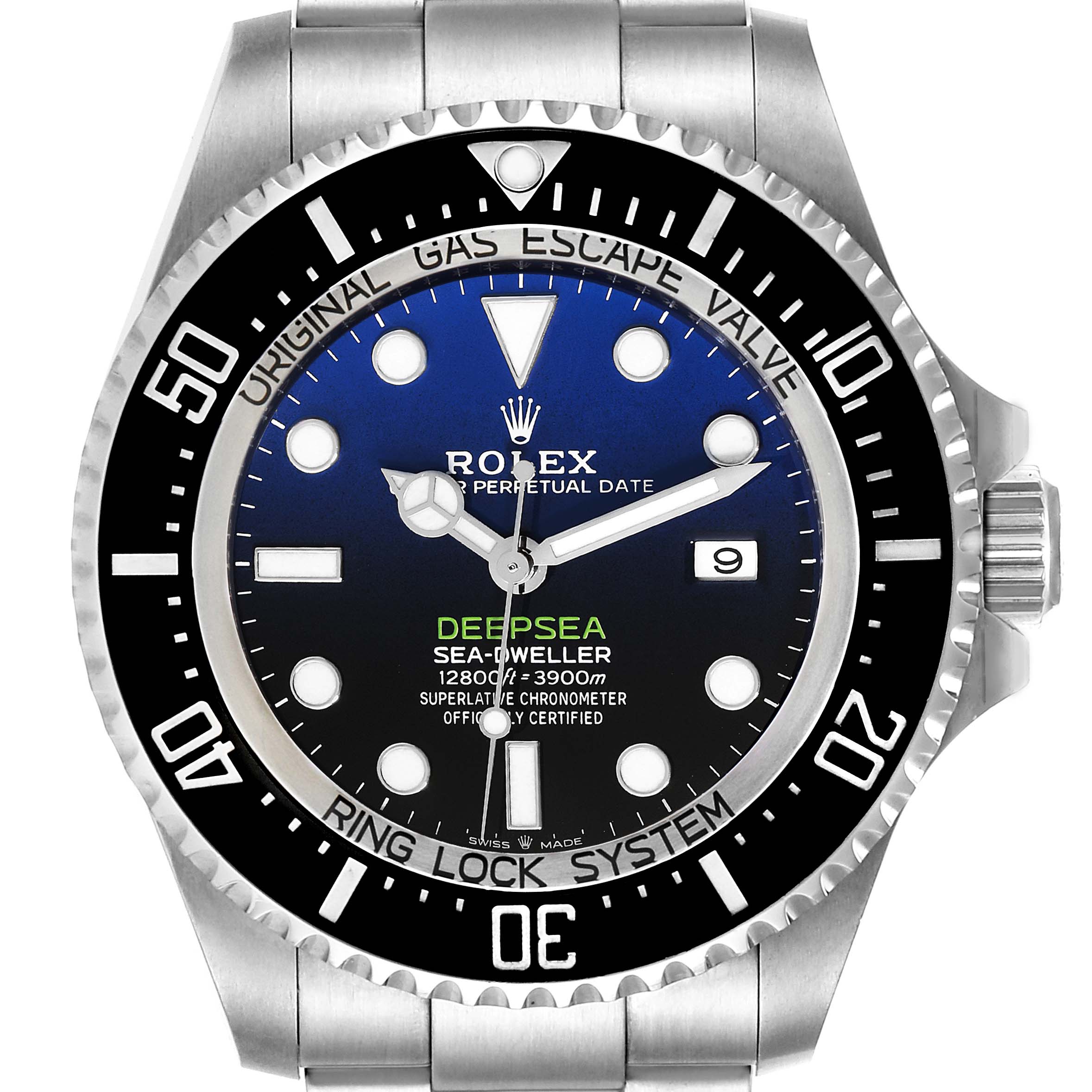 This image shows a front view of the Rolex Sea-Dweller 126660 Men's Stainless Steel Blue Dial 126660 Men's Stainless Steel Blue Dial model watch, highlighting the dial, bezel, hands, and bracelet.
